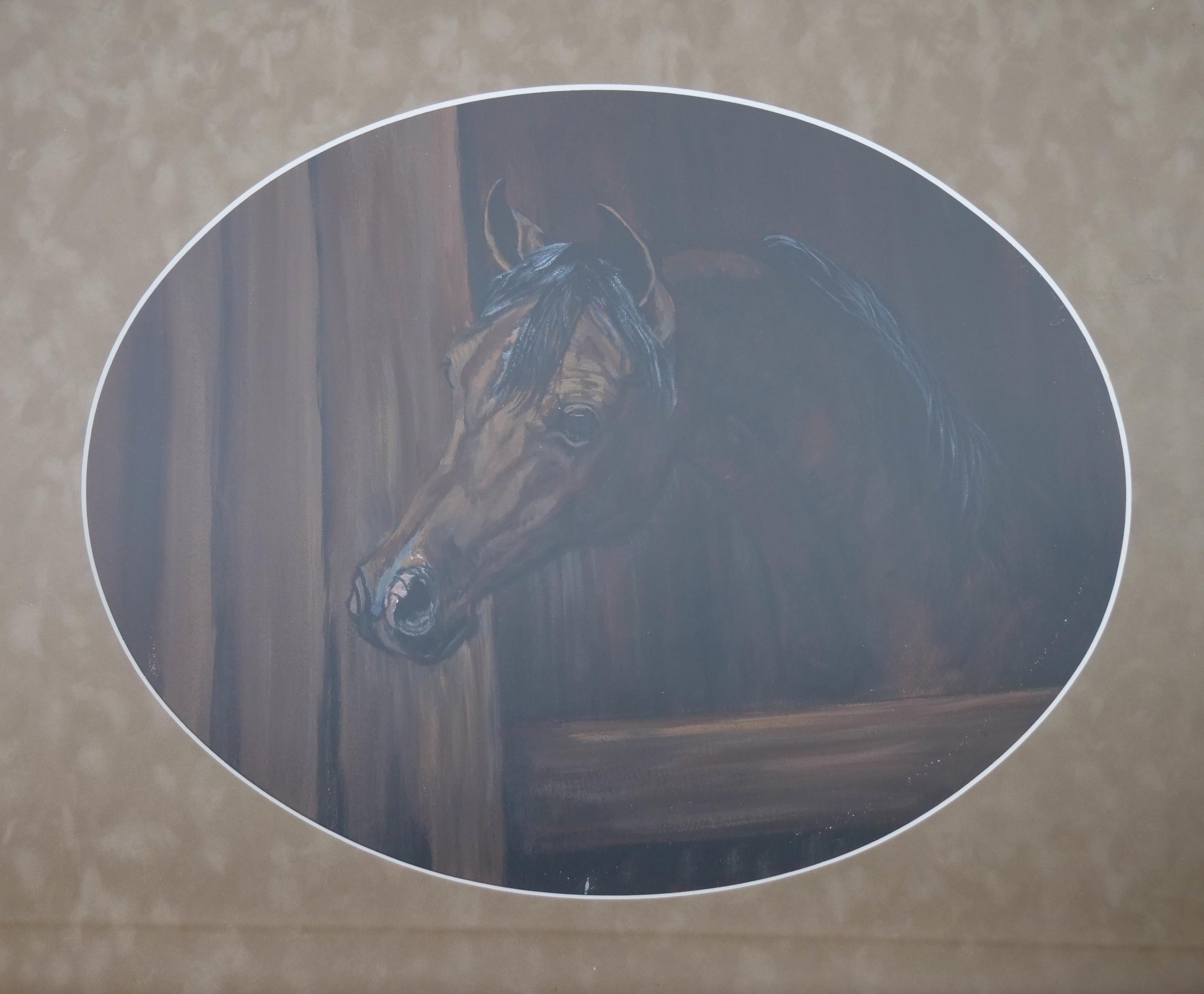 Transform your space with the captivating allure of this exceptional oil painting on canvas, featuring a distinguished horse adorned in a rich brown and black coat. Poignantly peeking out from its stable, the artwork captures the essence of equine