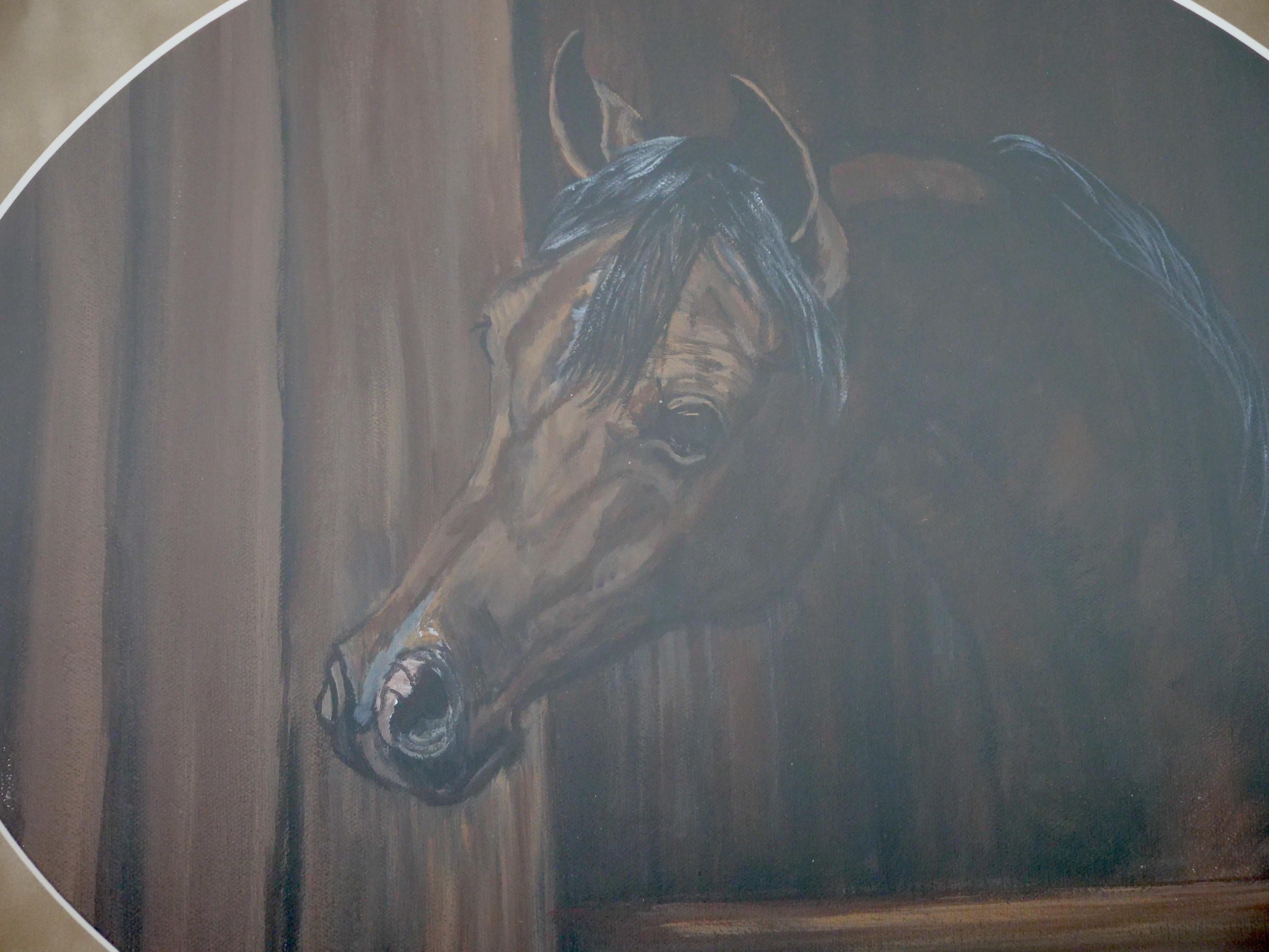 Rustic Wood Framed Oil Painting / Horse in Stable In Good Condition For Sale In Tarry Town, NY