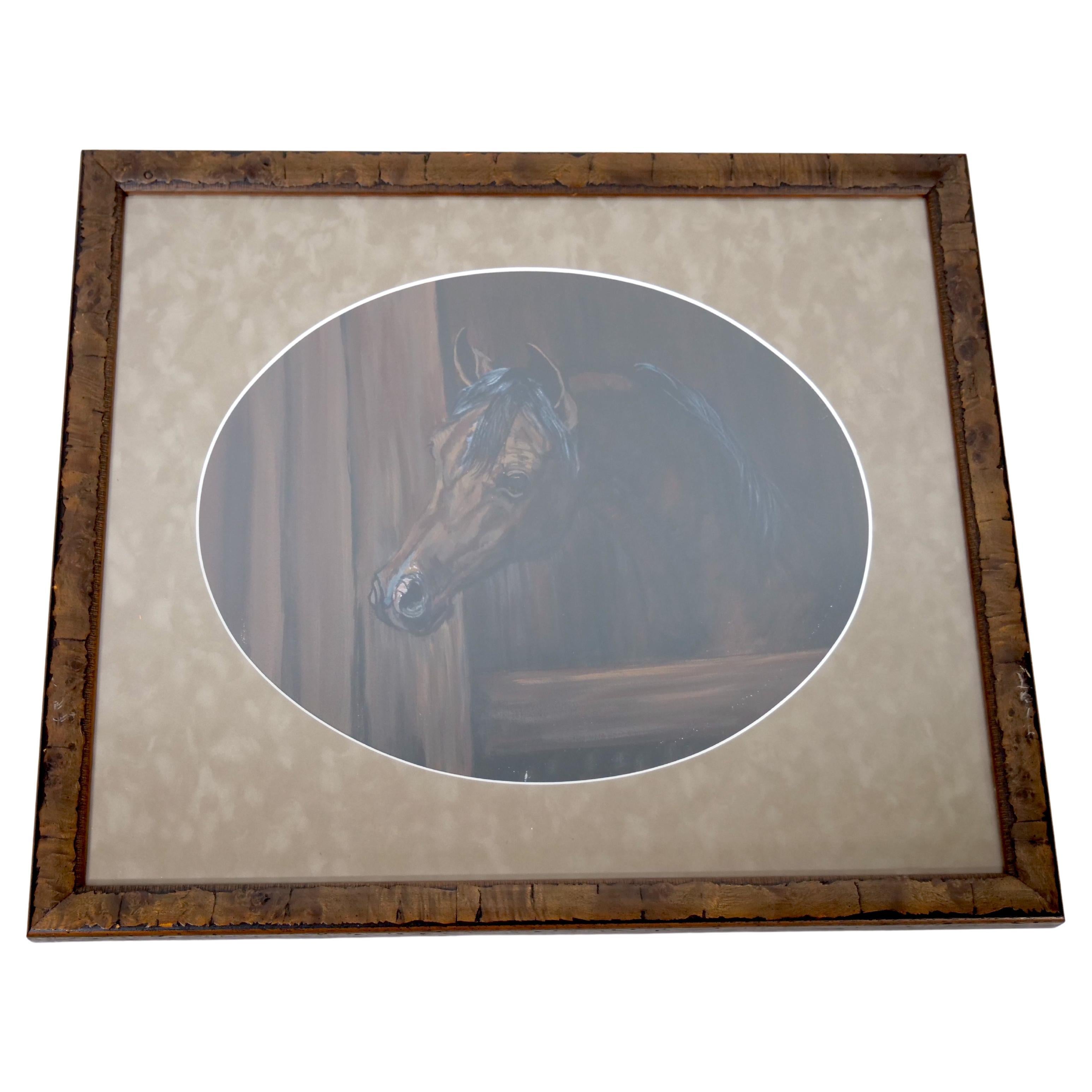 Rustic Wood Framed Oil Painting / Horse in Stable For Sale 4