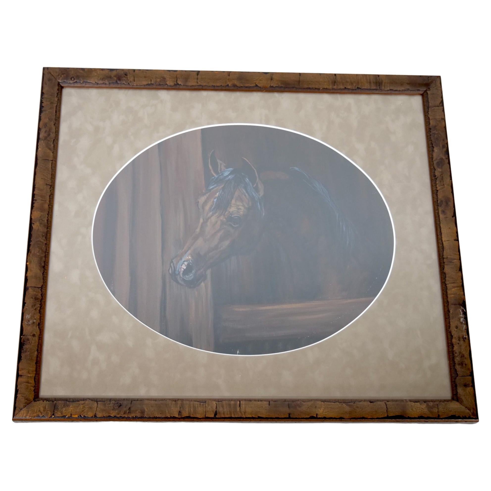 Pittura ad olio con cornice in Wood / Cavallo in stalla
