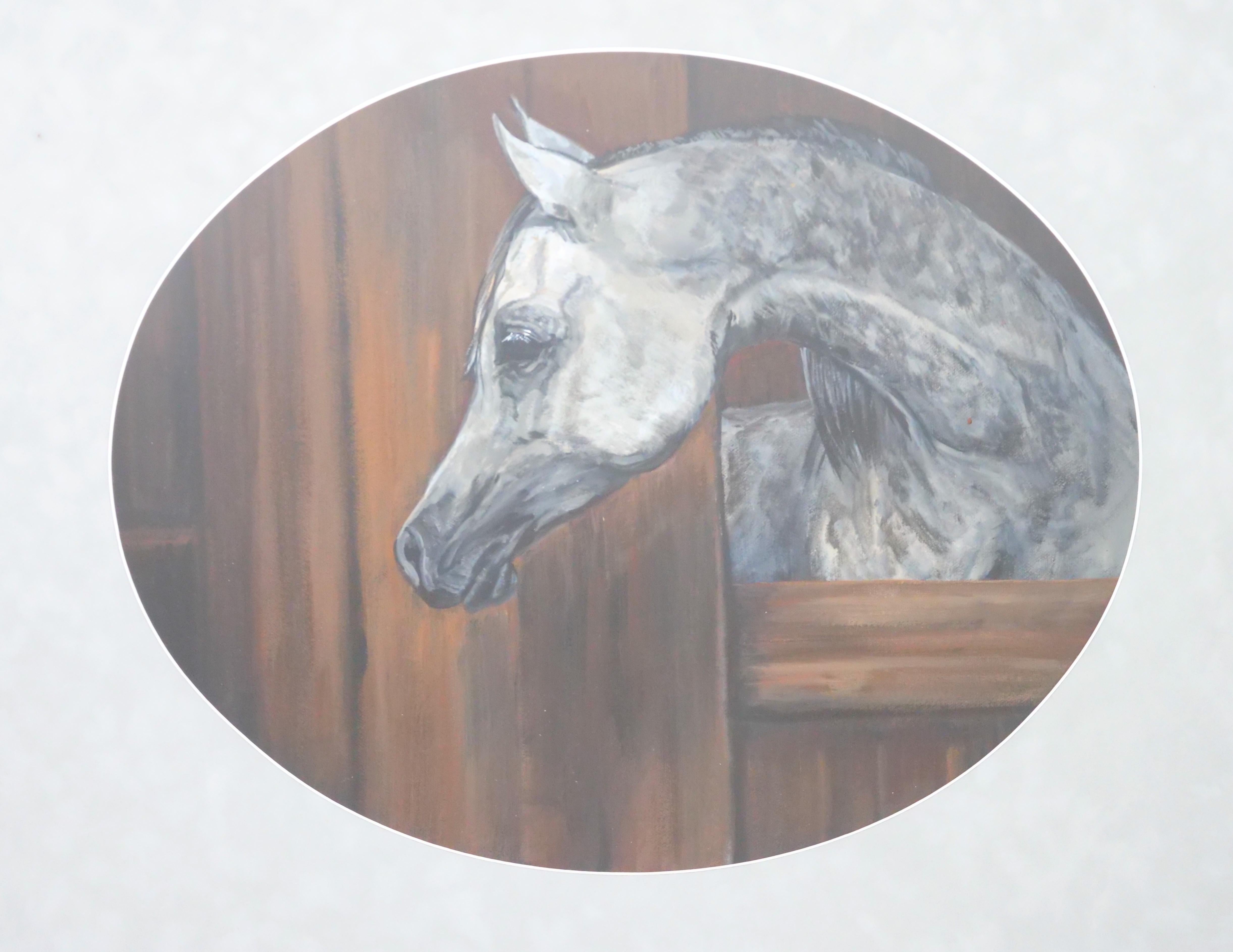 Indulge in the timeless allure of this extraordinary oil painting on canvas, capturing the essence of a magnificent horse with a lustrous silver-white coat. This captivating piece depicts the noble creature peering curiously from its stable,