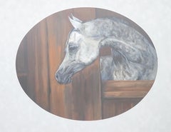 Rustic Wood Framed Oil Painting of a Horse in Stable