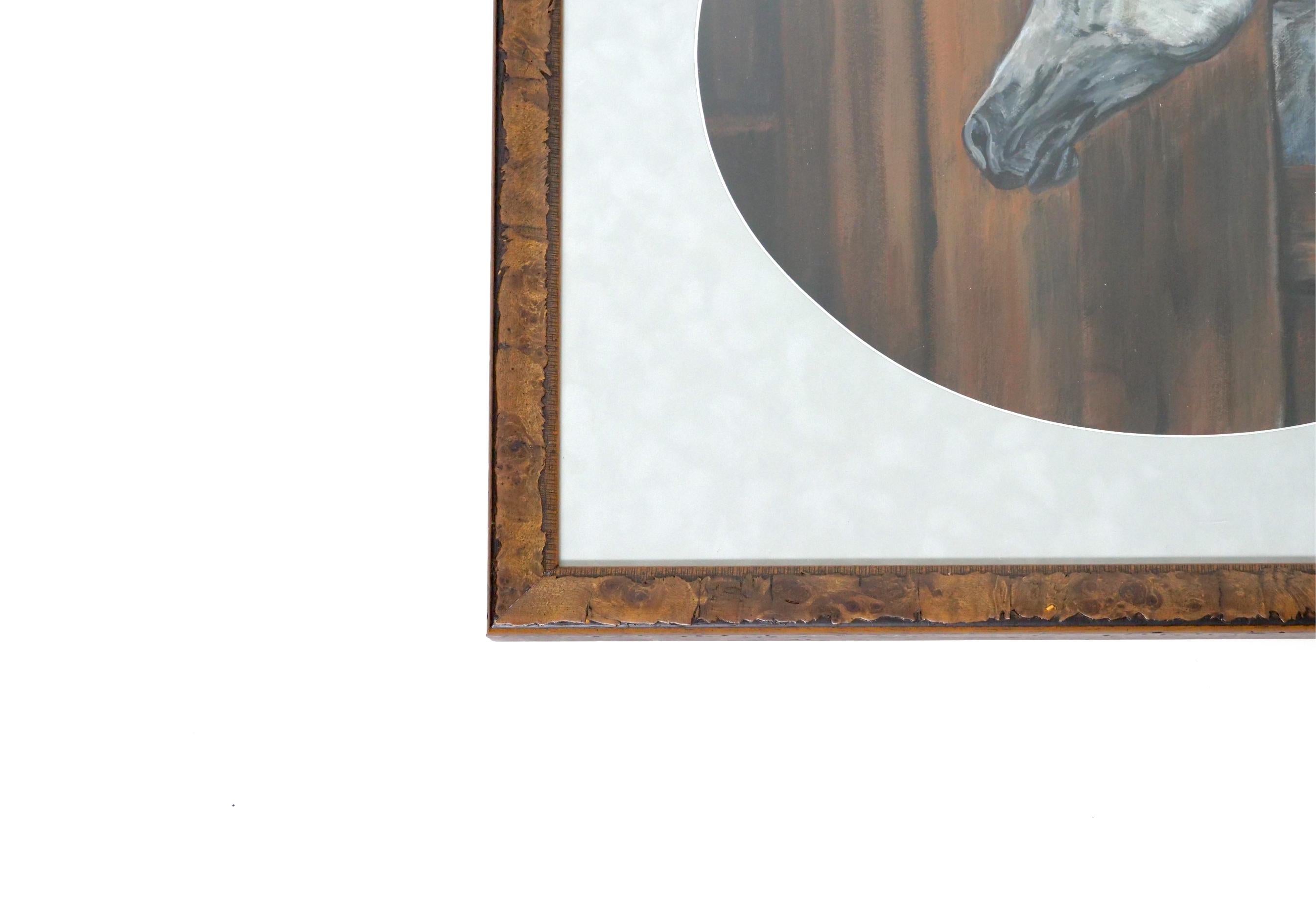 Spanish Rustic Wood Framed Oil Painting of a Horse in Stable For Sale