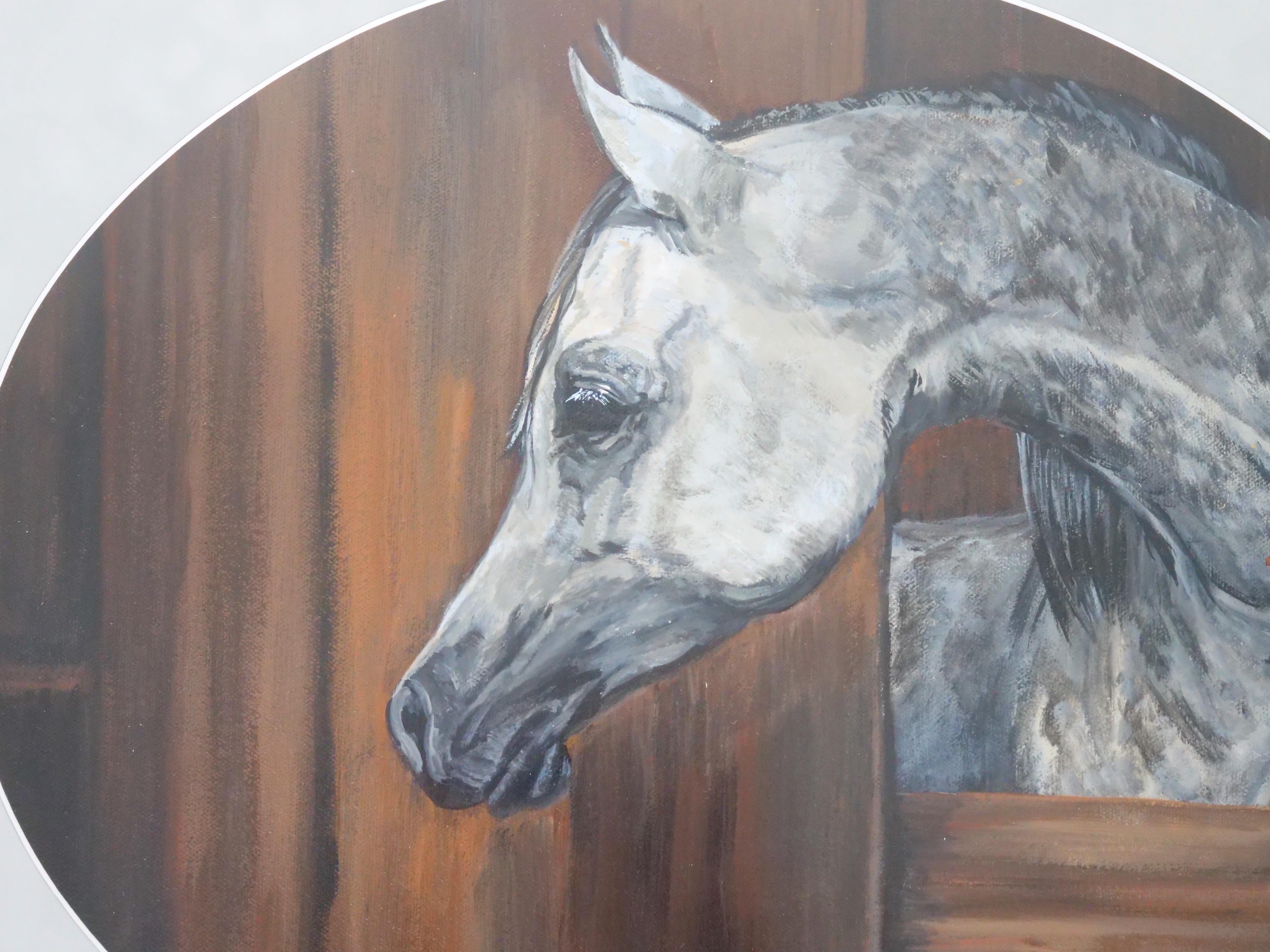 Hand-Painted Rustic Wood Framed Oil Painting of a Horse in Stable For Sale