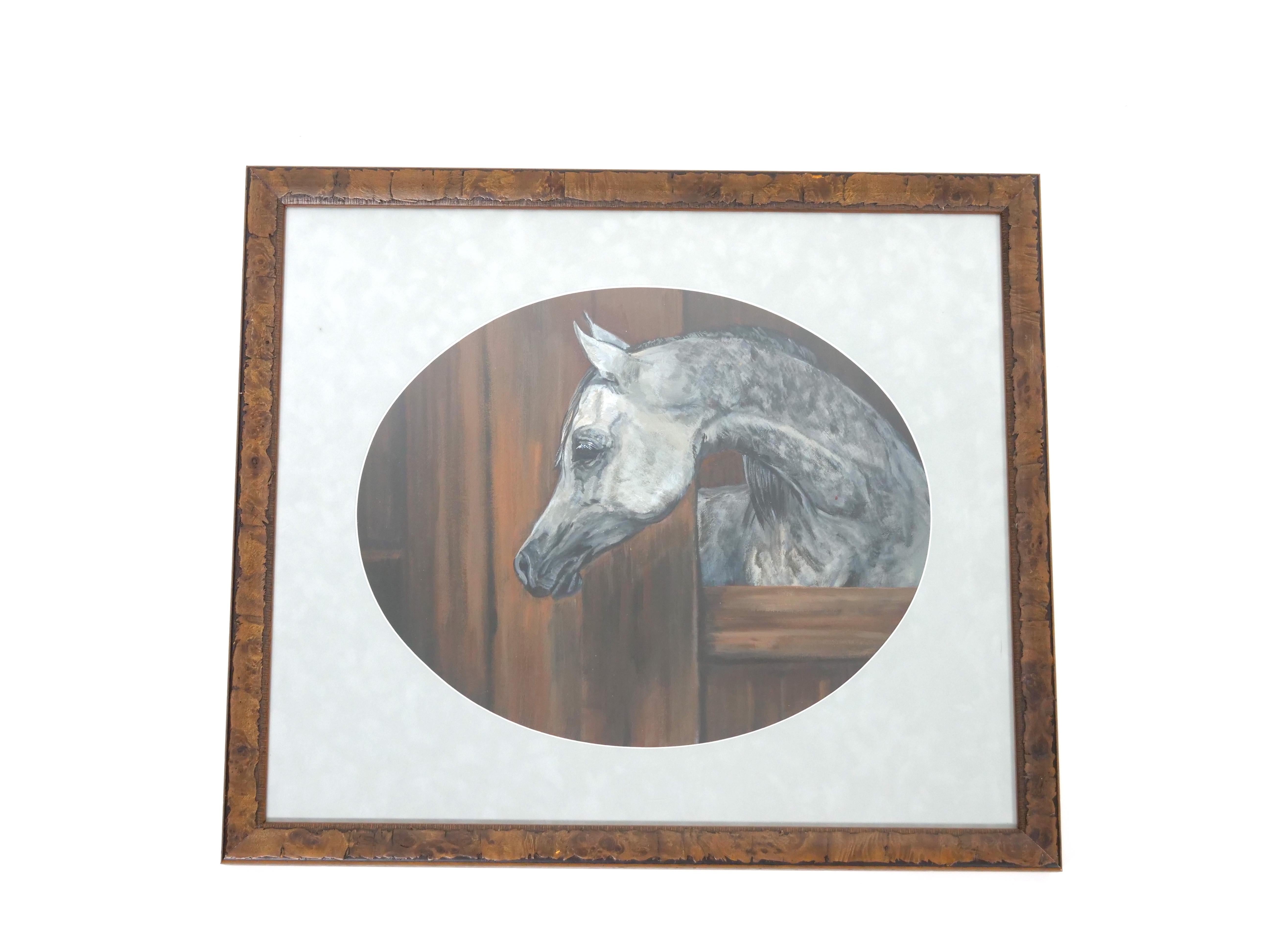 Rustic Wood Framed Oil Painting of a Horse in Stable For Sale 1
