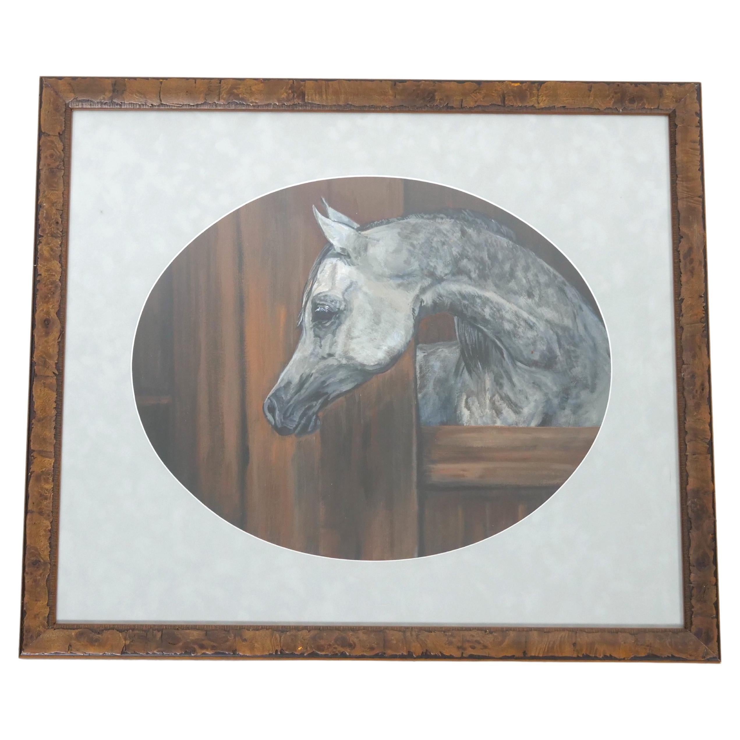 Rustic Wood Framed Oil Painting of a Horse in Stable For Sale