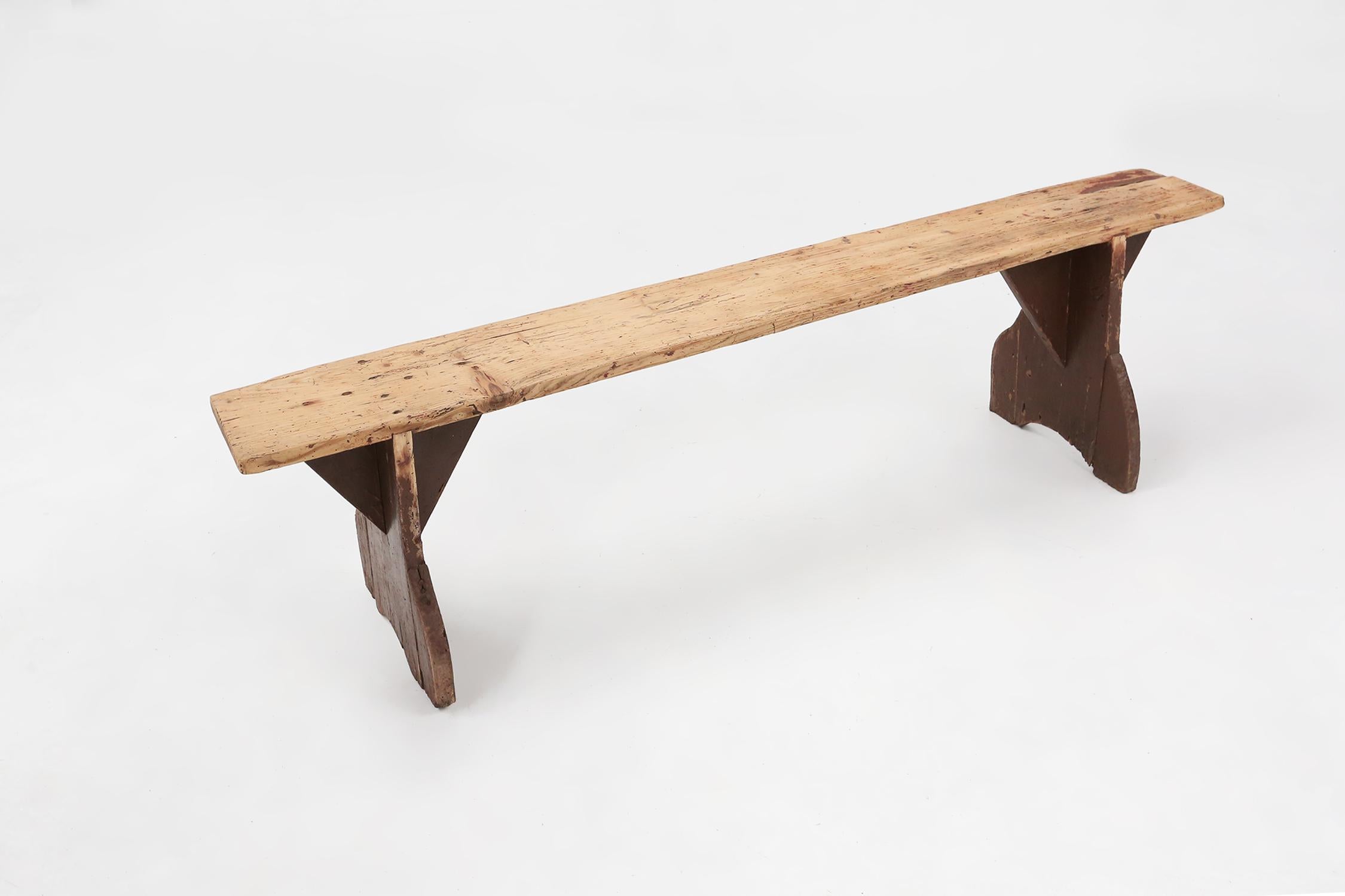 Mid-Century Modern Rustic wooden bench in with brown painted feet, France ca. 1890 For Sale