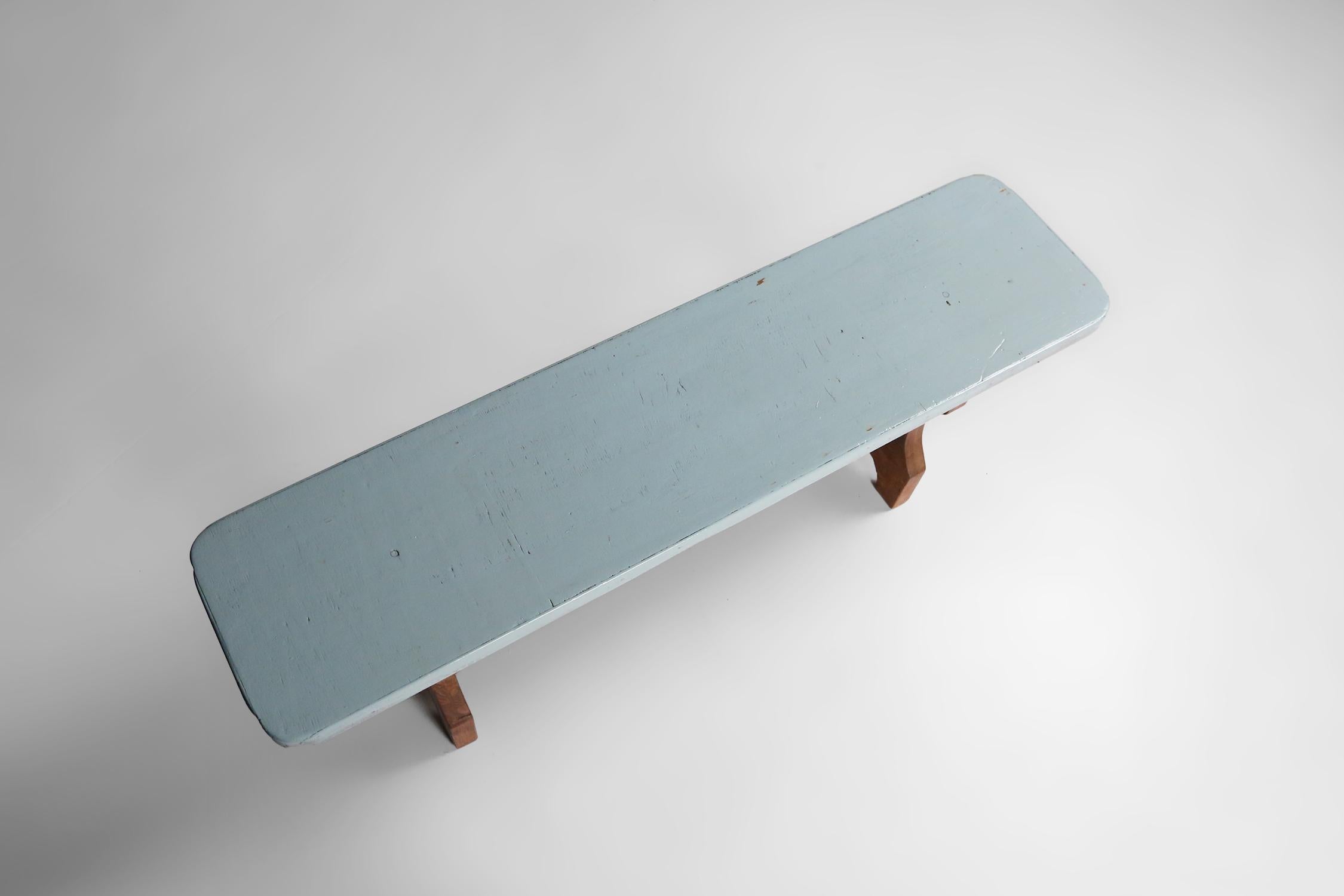 Rustic wooden bench with blue top, France 1930s For Sale 3