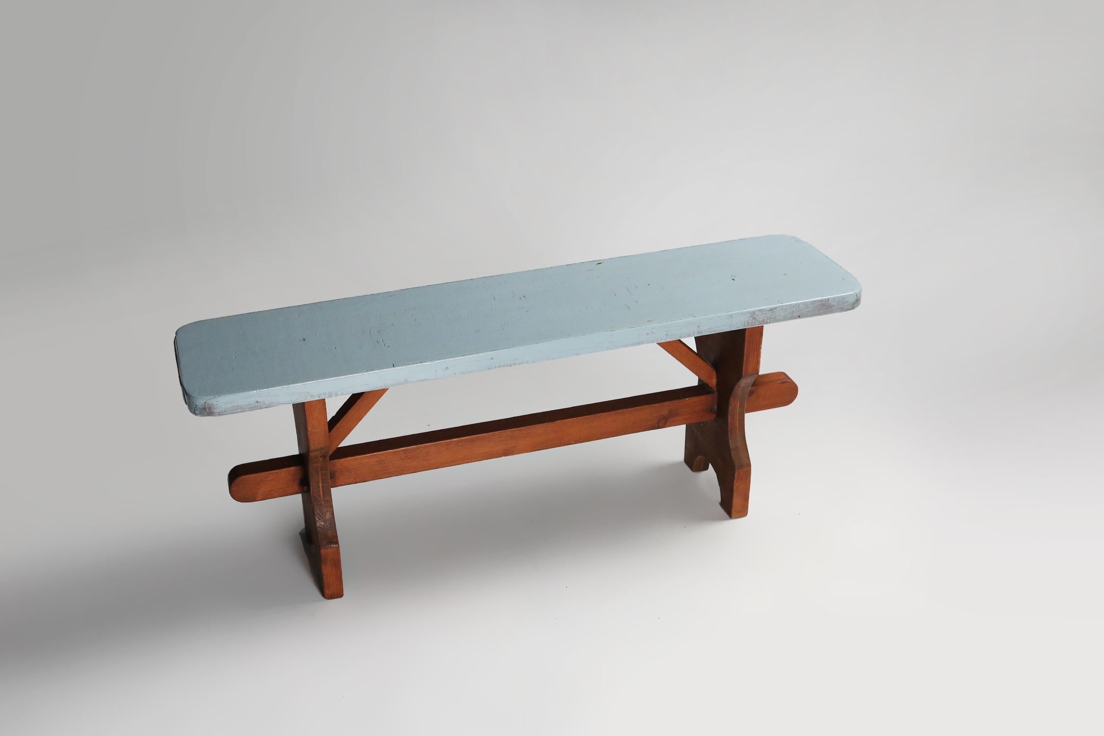 Rustic wooden bench with blue top, France 1930s For Sale 1