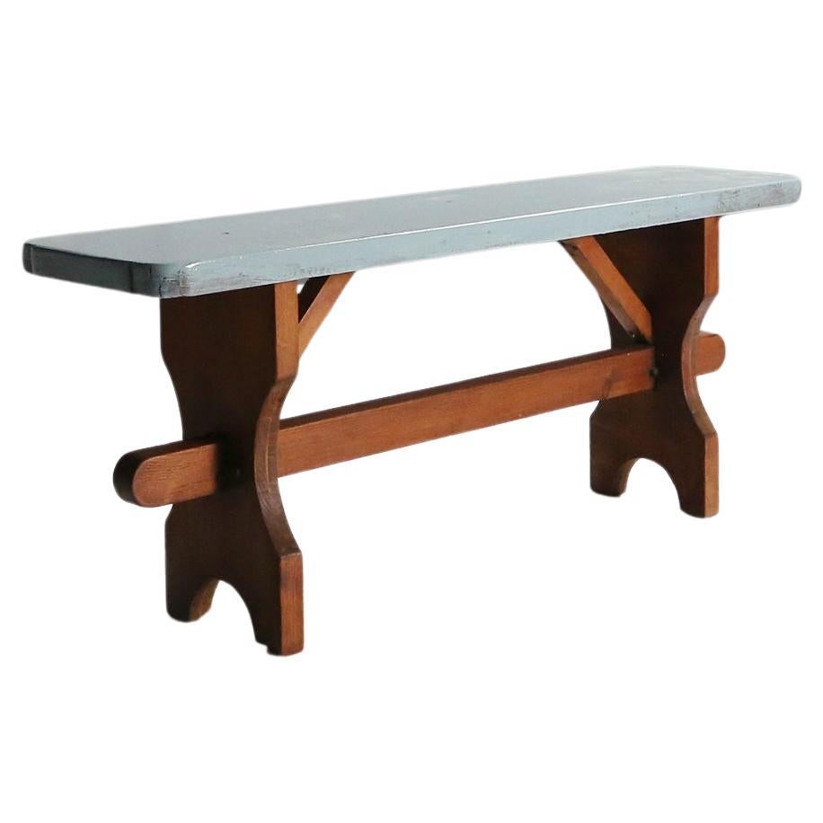 Rustic wooden bench with blue top, France 1930s