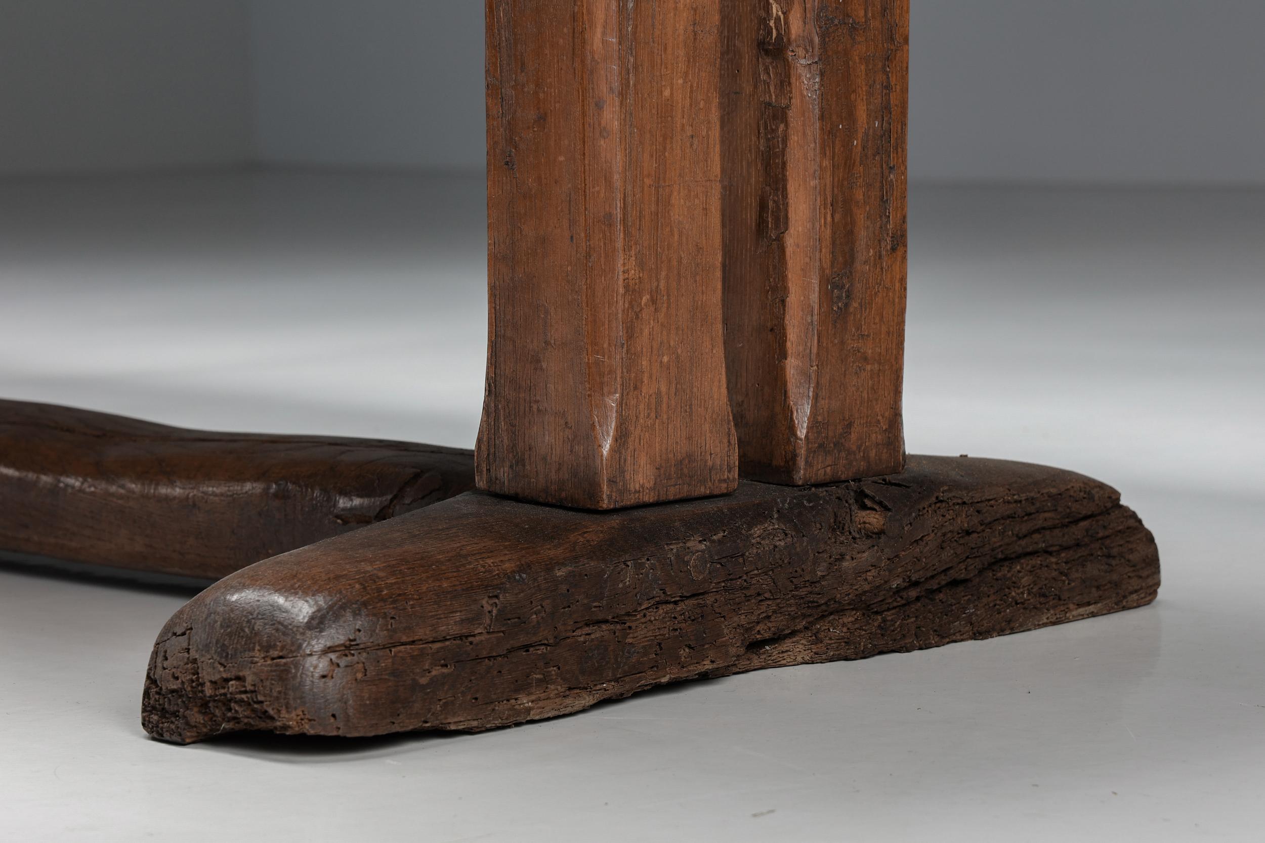 Bois Table de salle à manger rustique en bois, patine, artisanat, Wabi-Sabi, France, années 1940 en vente