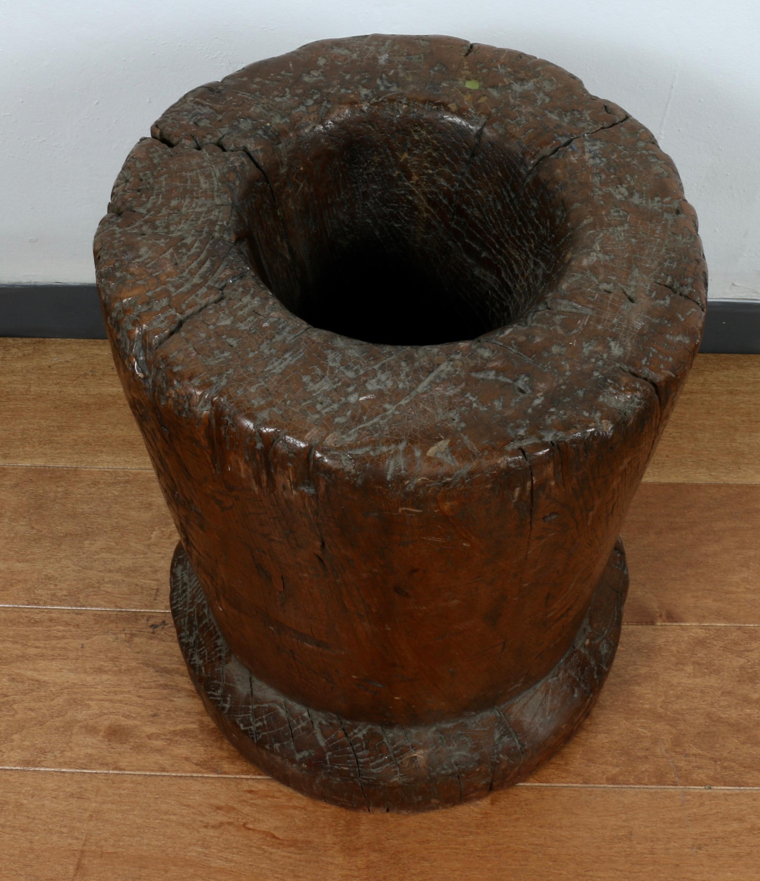 20th Century Rustic Wooden Large Mortar Bowl Urn