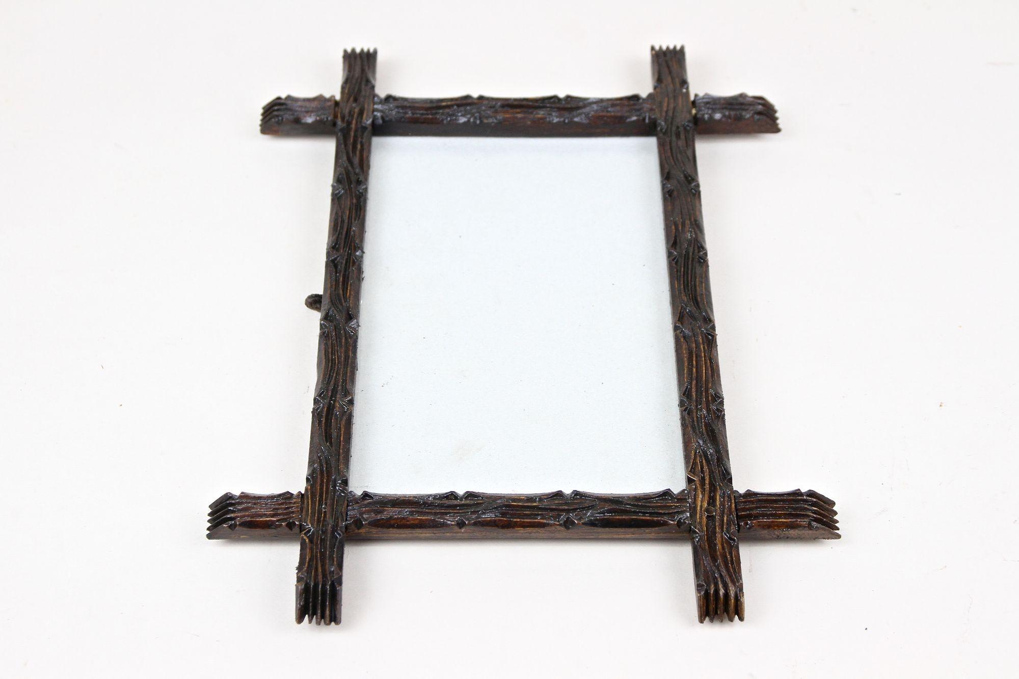 Blown Glass Rustic Wooden Photo Frame, Black Forest Style - Handcarved, Austria circa 1860