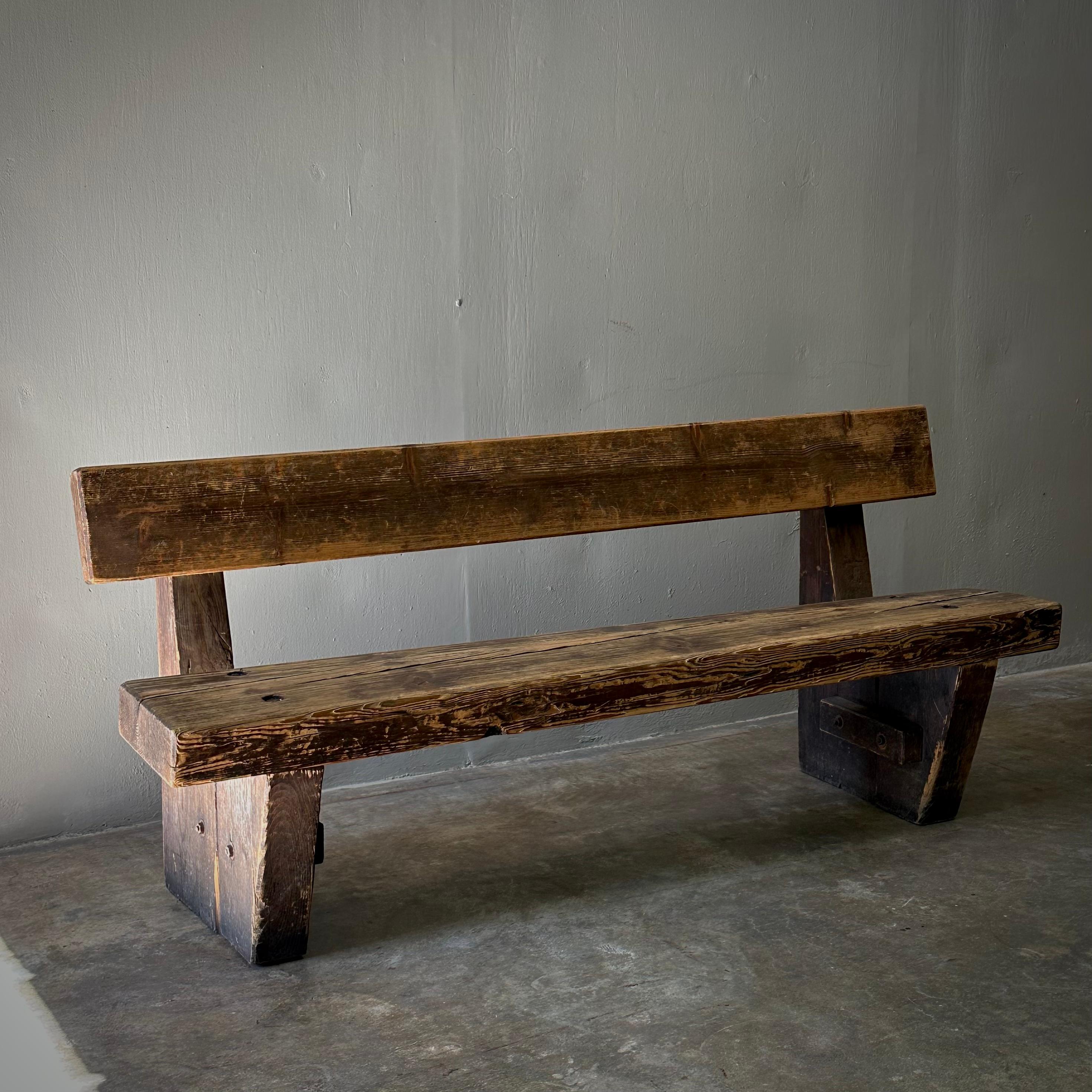 Early 20th Century Rustic Wooden Pub Bench For Sale
