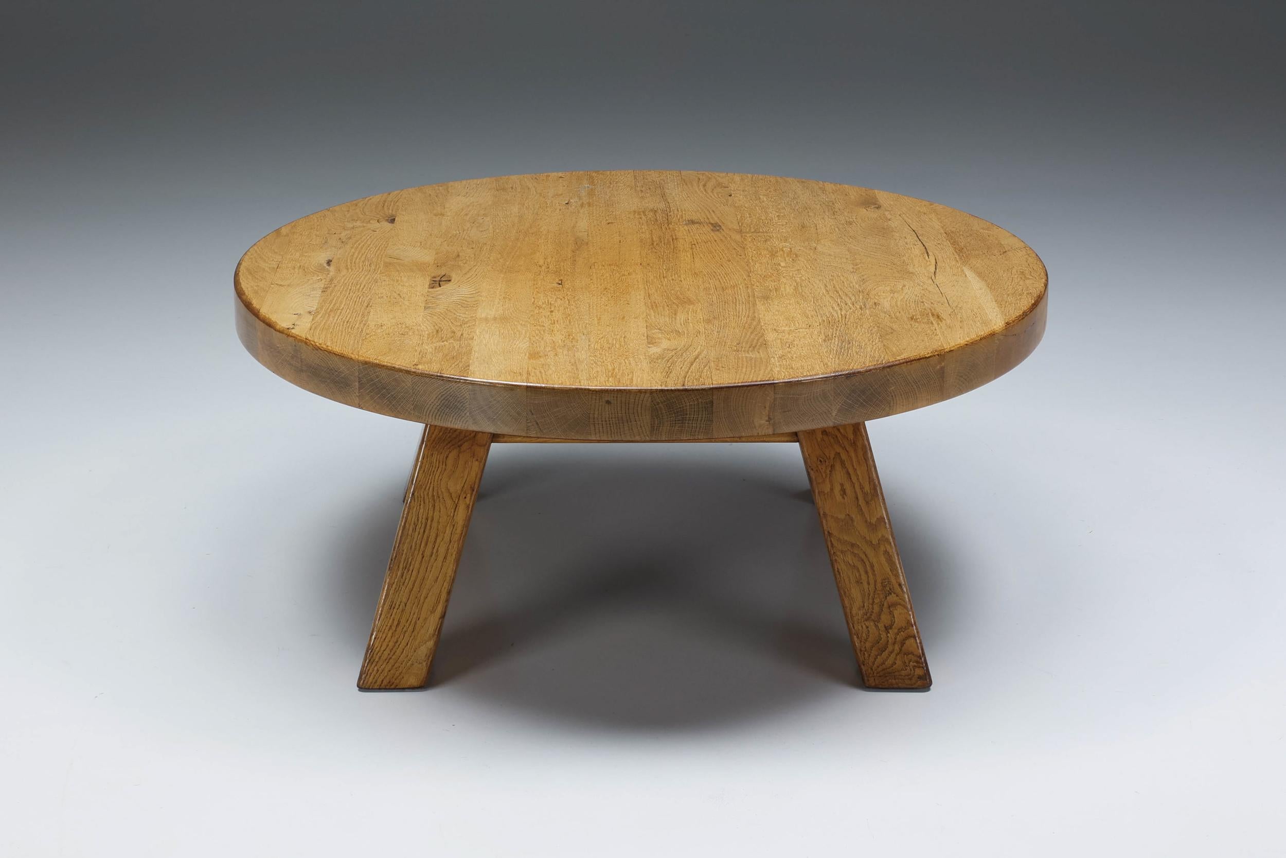 Wabi-Sabi; Rustic; side-table; coffee table; 1950's; France; 

Rustic round coffee table with remarkable wooden grain. The base consists of four legs that are attached to the structure of the tabletop. Would fit well in a wabi-sabi inspired