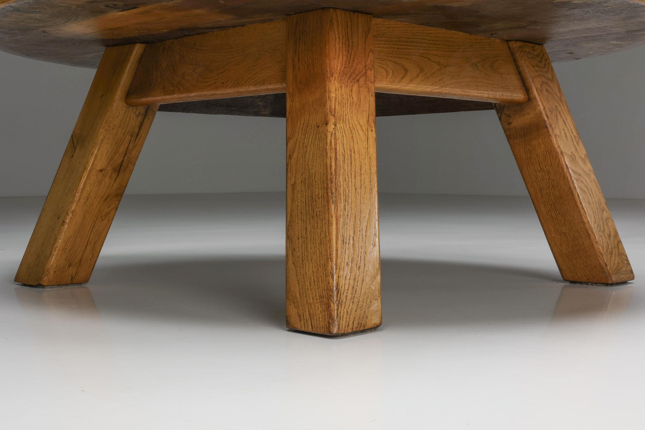 Mid-20th Century Rustic Wooden Round Coffee Table, Mid-Century Modern, Wabi-Sabi, 1950's