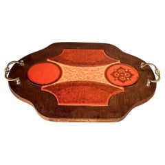 Rustic Wooden Serving Tray with Ceramic Tiles and Metal Handles French Provencal