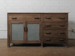 Rustic Wooden Marble Top Sideboard with Drawers & Frosted Panels