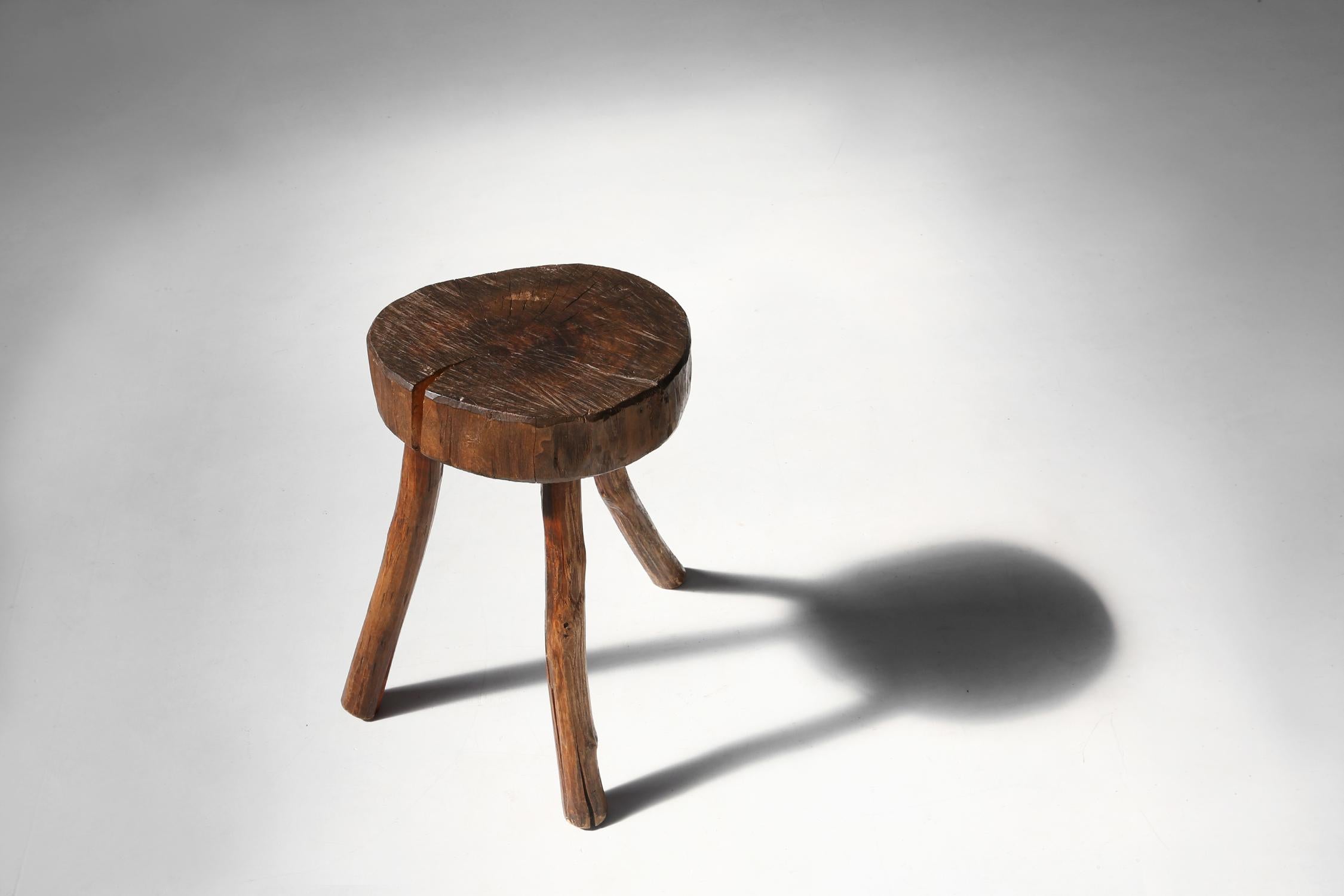 French Rustic Wooden Stool, 19th Century