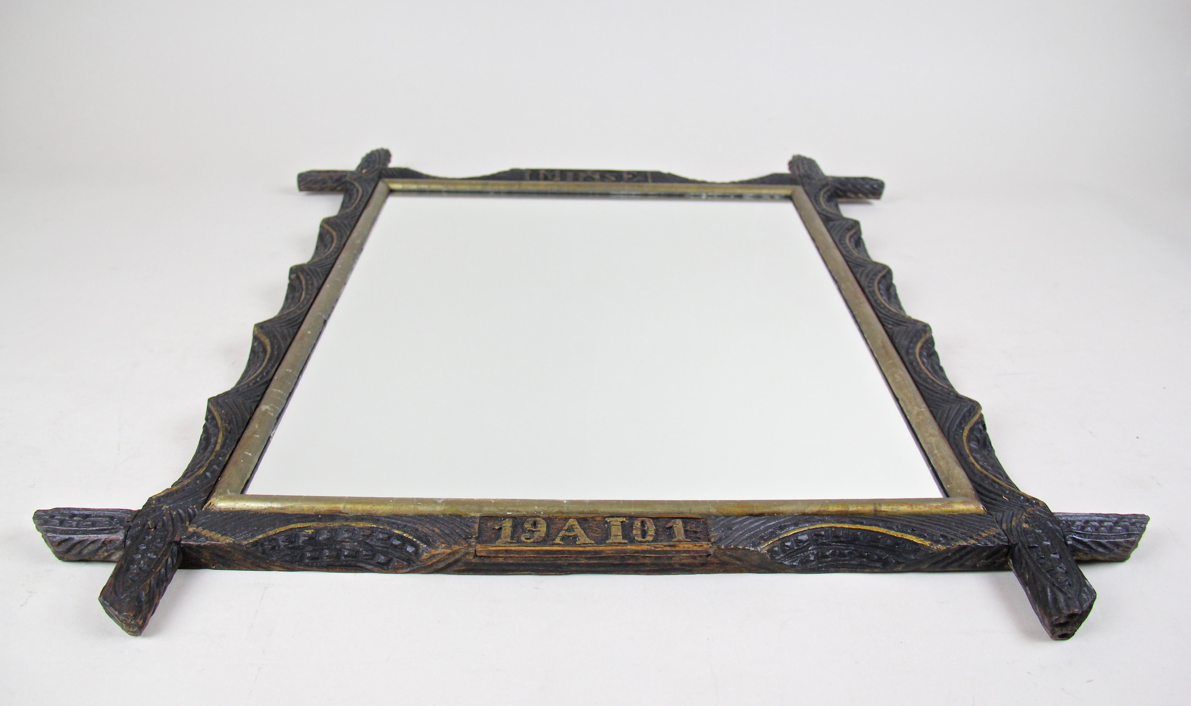 Rustic Wooden Wall Mirror with Golden Bars Hand Carved, Austria, Dated 1901 For Sale 1