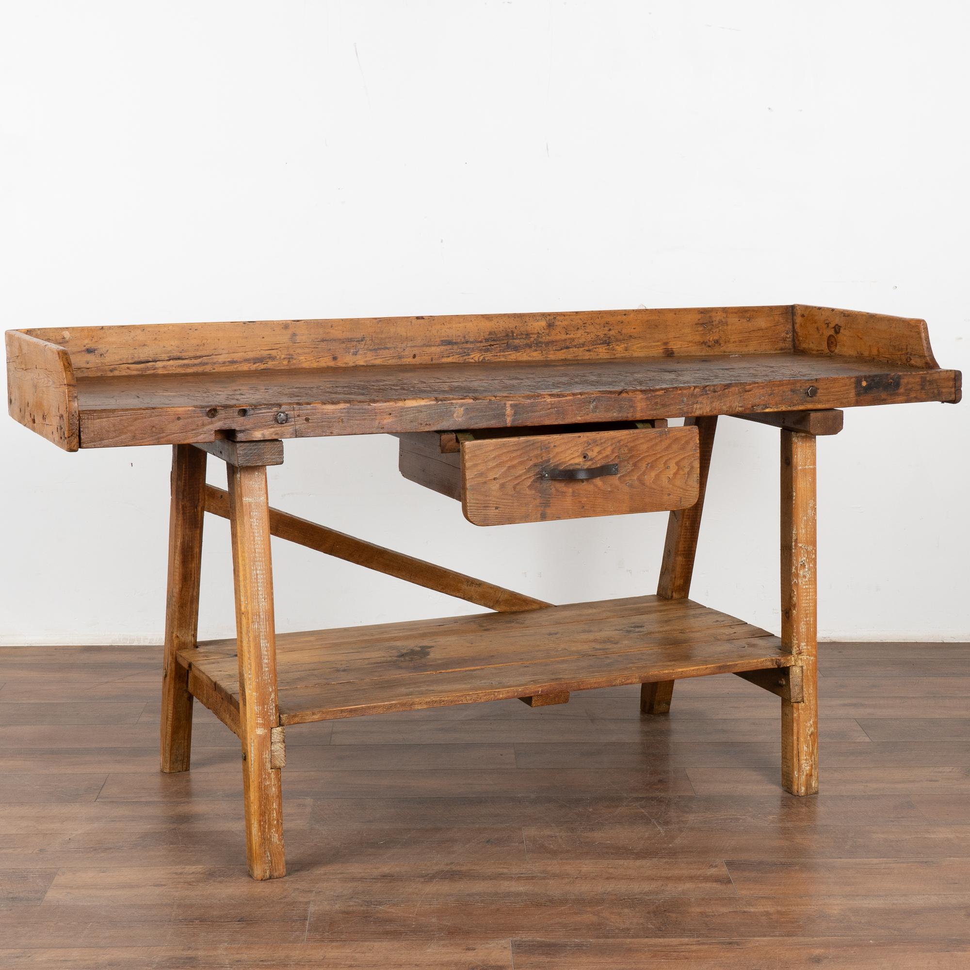 Hungarian Rustic Work Table Console With Shelf and Drawer, Circa 1880