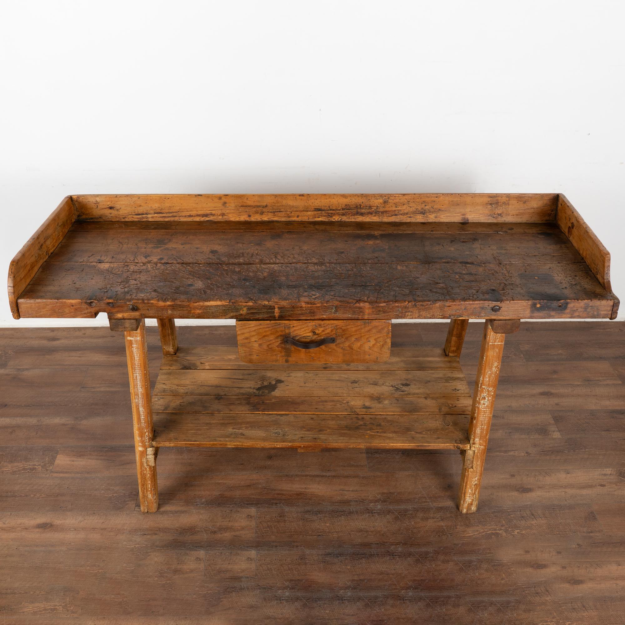 Rustic Work Table Console With Shelf and Drawer, Circa 1880 In Good Condition In Round Top, TX
