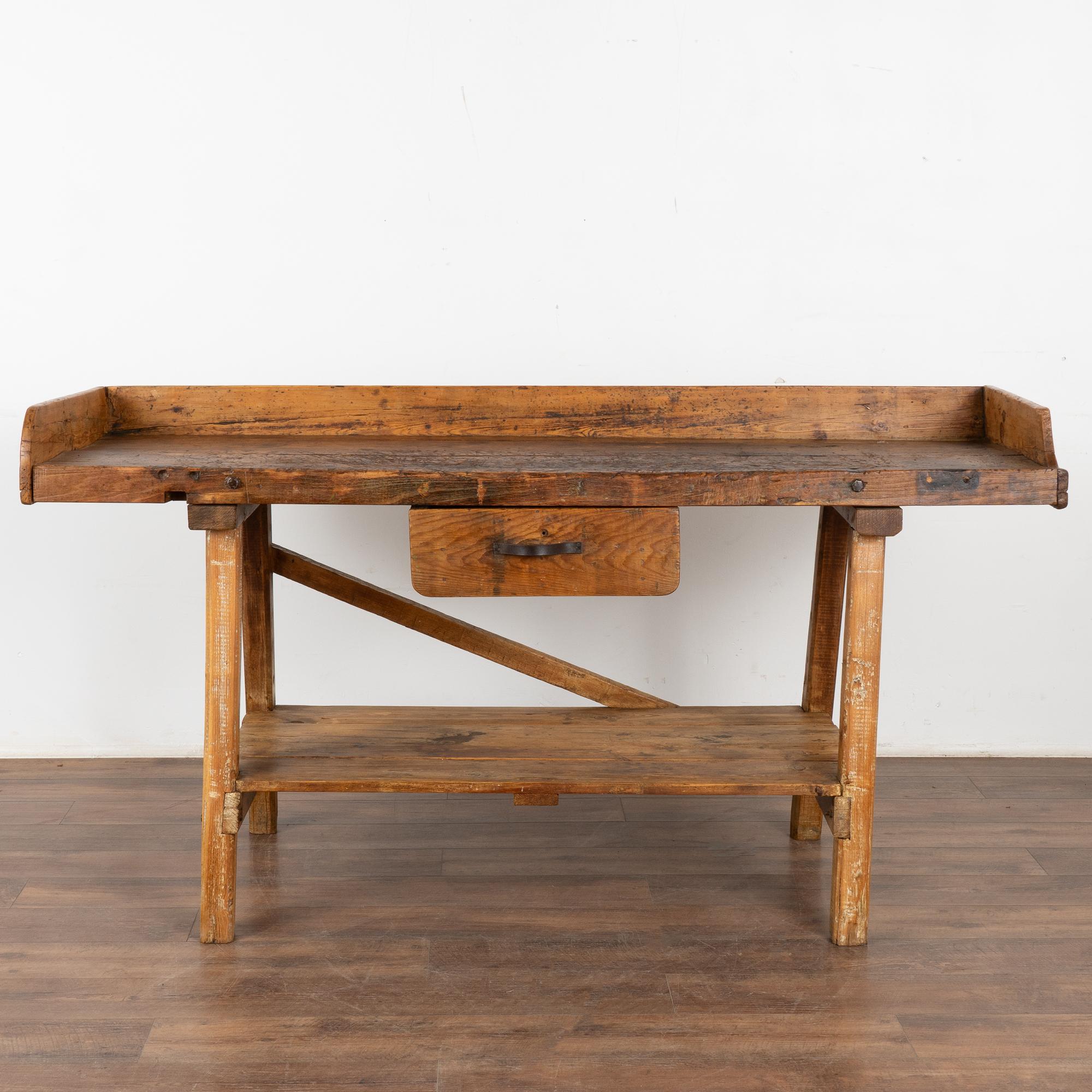 19th Century Rustic Work Table Console With Shelf and Drawer, Circa 1880