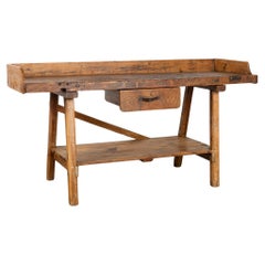 Rustic Work Table Console With Shelf and Drawer, Circa 1880