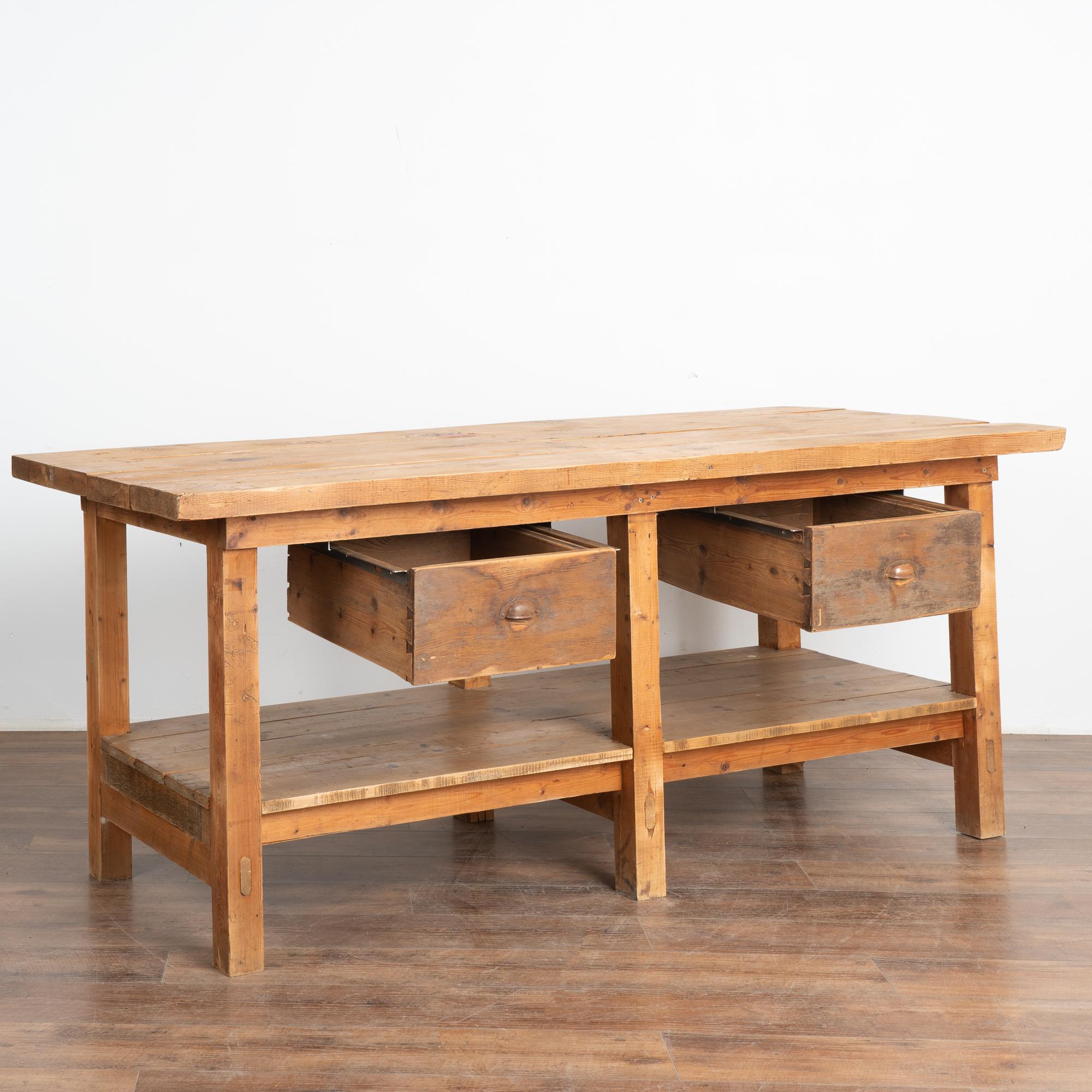 Hungarian Rustic Work Table With Two Drawers and Shelf, Kitchen Island circa 1920
