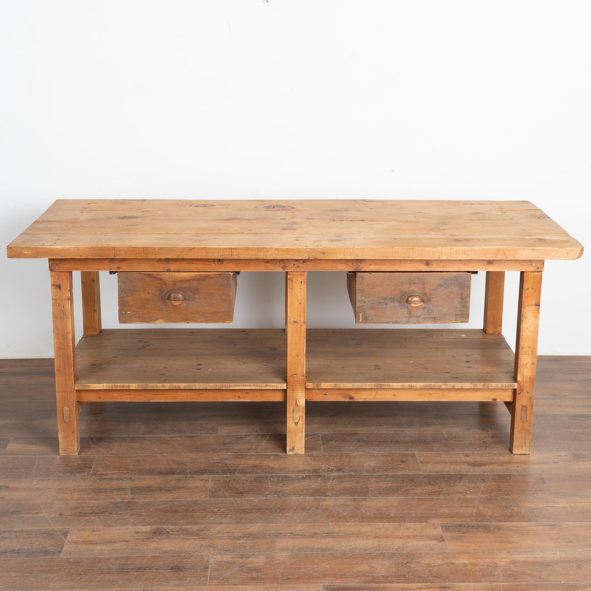 20th Century Rustic Work Table With Two Drawers and Shelf, Kitchen Island circa 1920