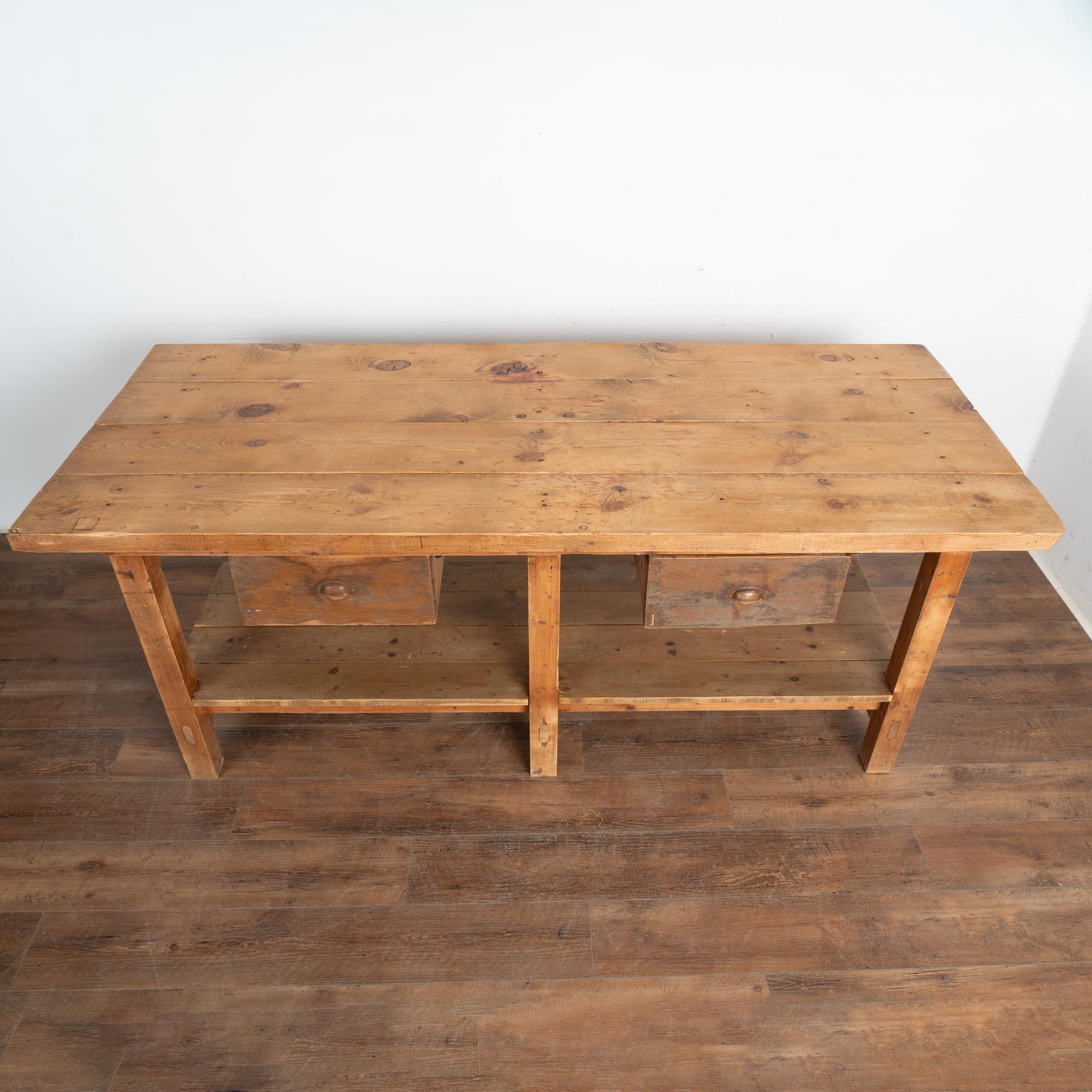 Wood Rustic Work Table With Two Drawers and Shelf, Kitchen Island circa 1920