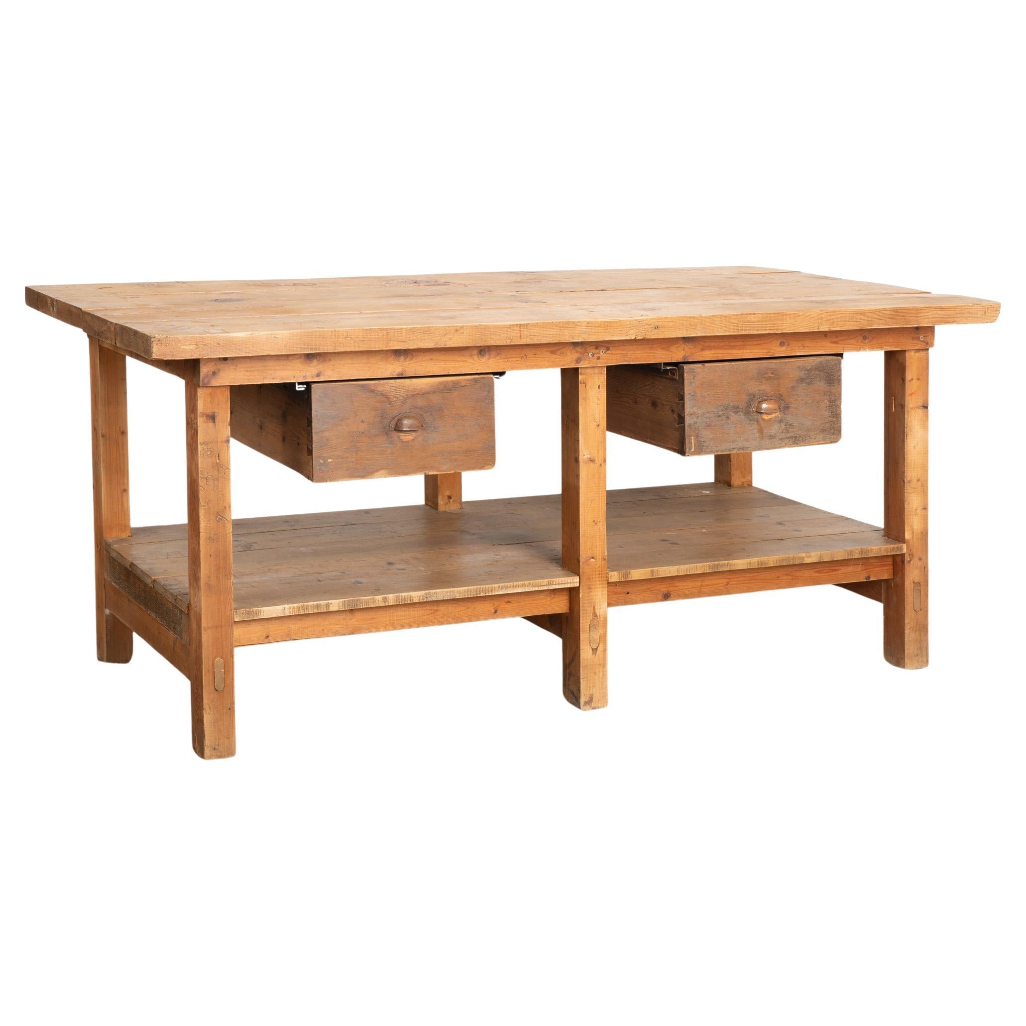 Rustic Work Table With Two Drawers and Shelf, Kitchen Island circa 1920