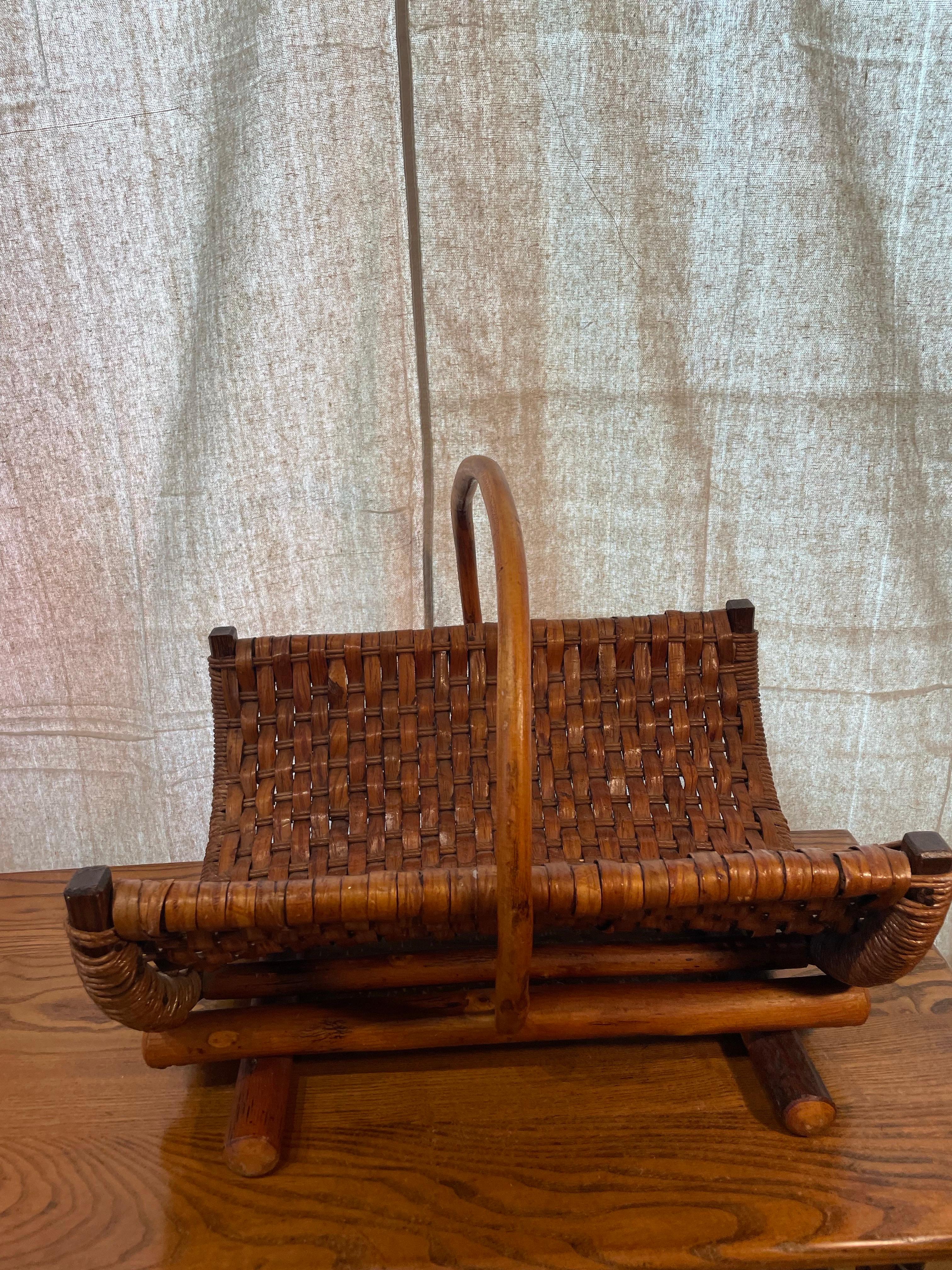Rustic Woven Old Hickory Basket on Wooden Base For Sale 2