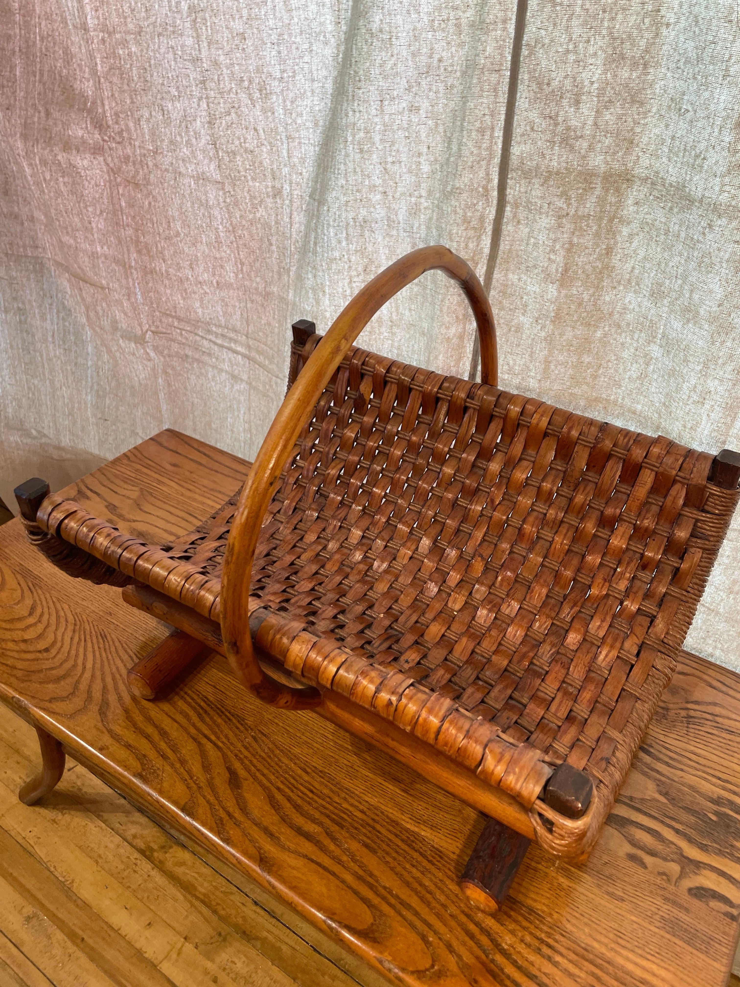 Rustic Woven Old Hickory Basket on Wooden Base For Sale 3