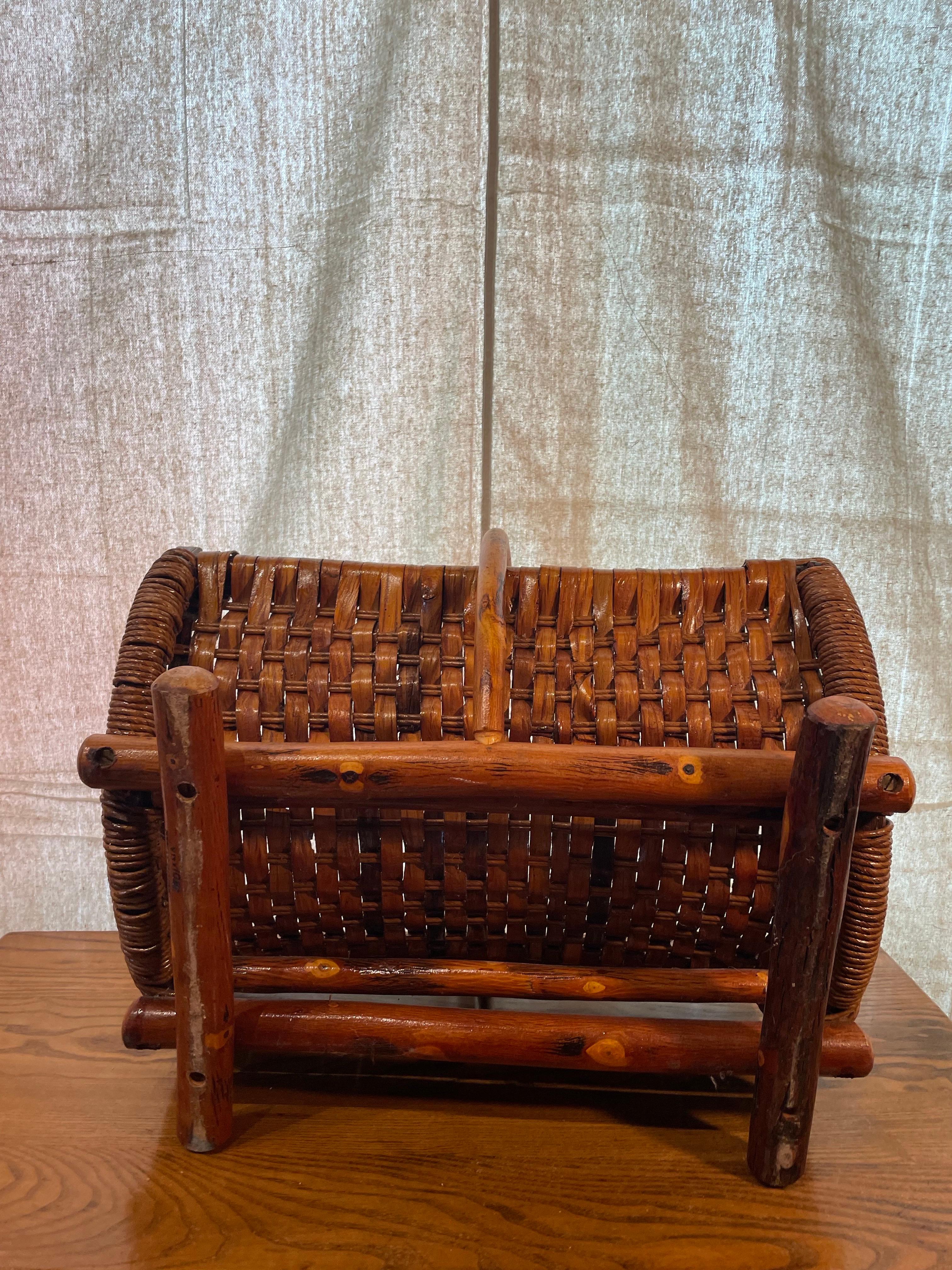 Rustic Woven Old Hickory Basket on Wooden Base For Sale 4