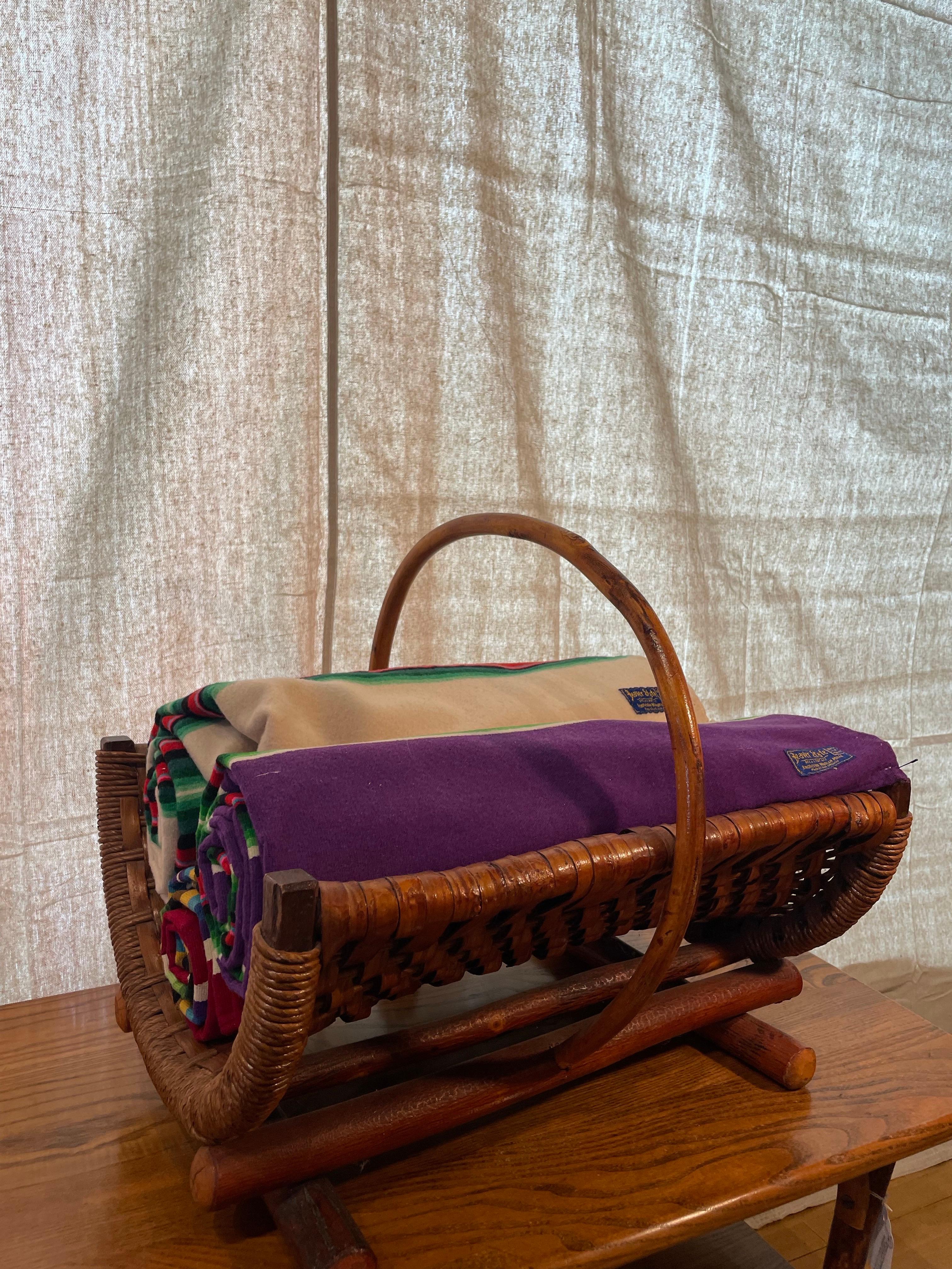 American Craftsman Rustic Woven Old Hickory Basket on Wooden Base For Sale