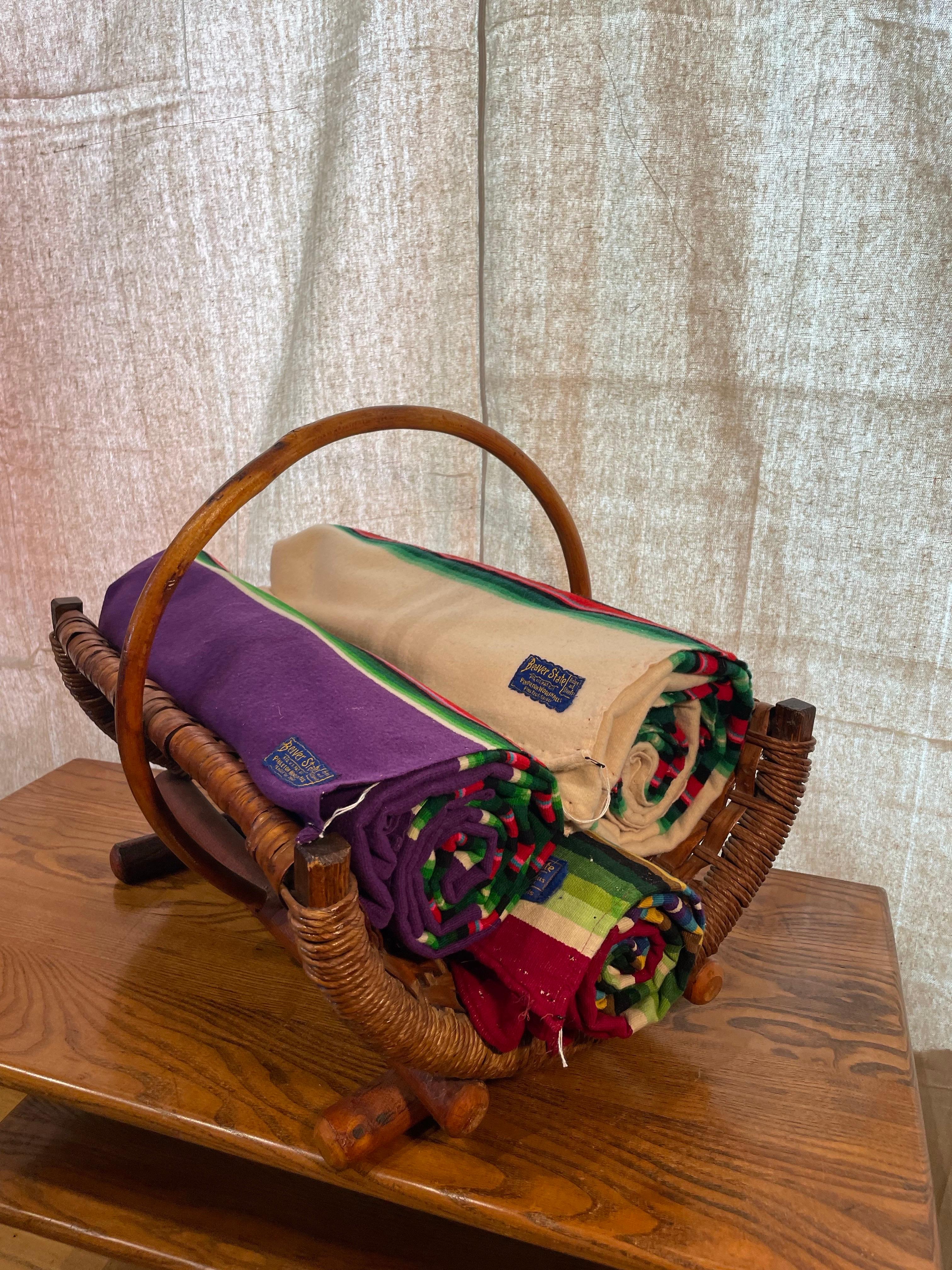 Hand-Woven Rustic Woven Old Hickory Basket on Wooden Base For Sale