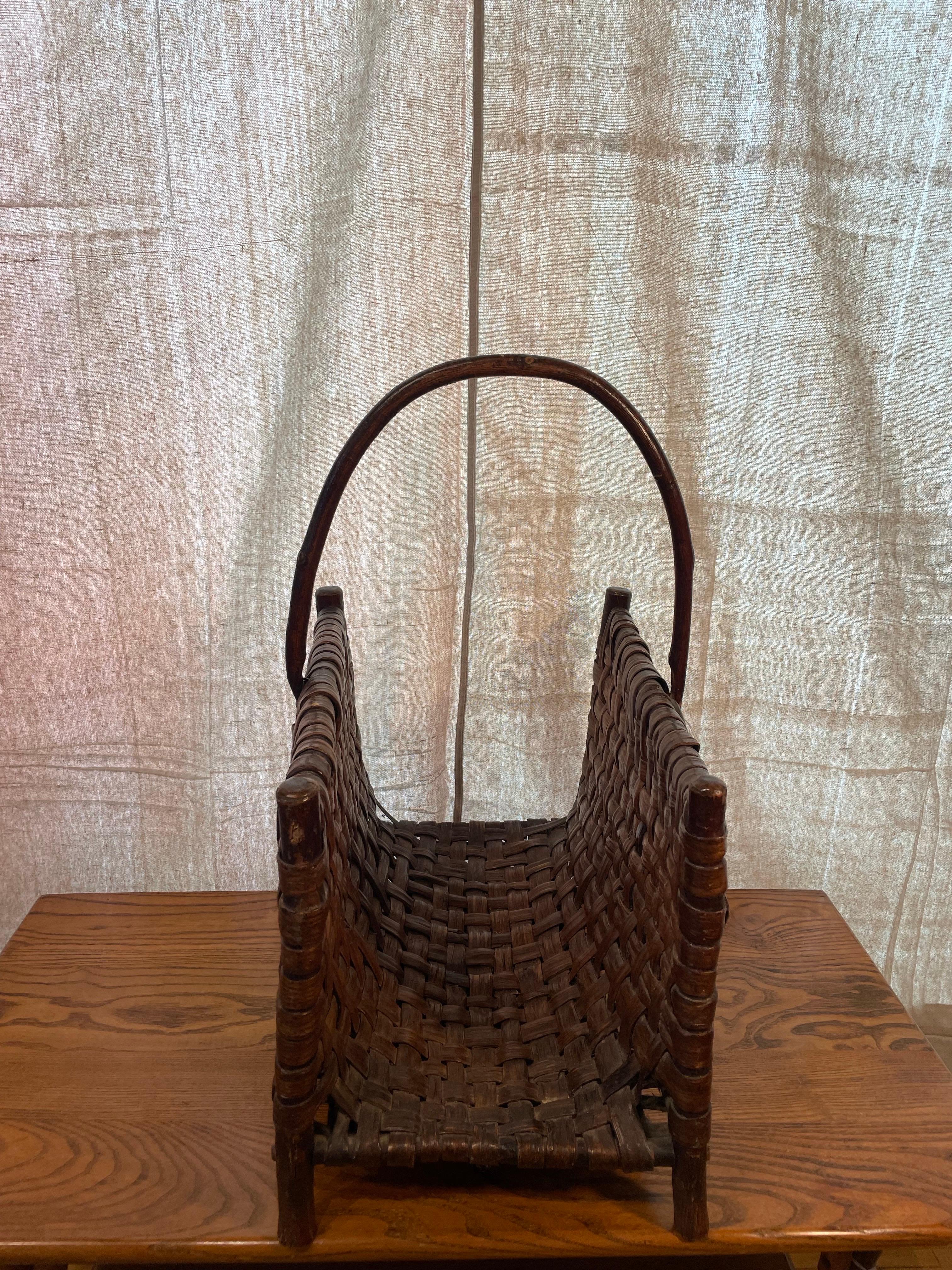 20th Century Rustic Woven Old Hickory Basket on Wooden Base For Sale