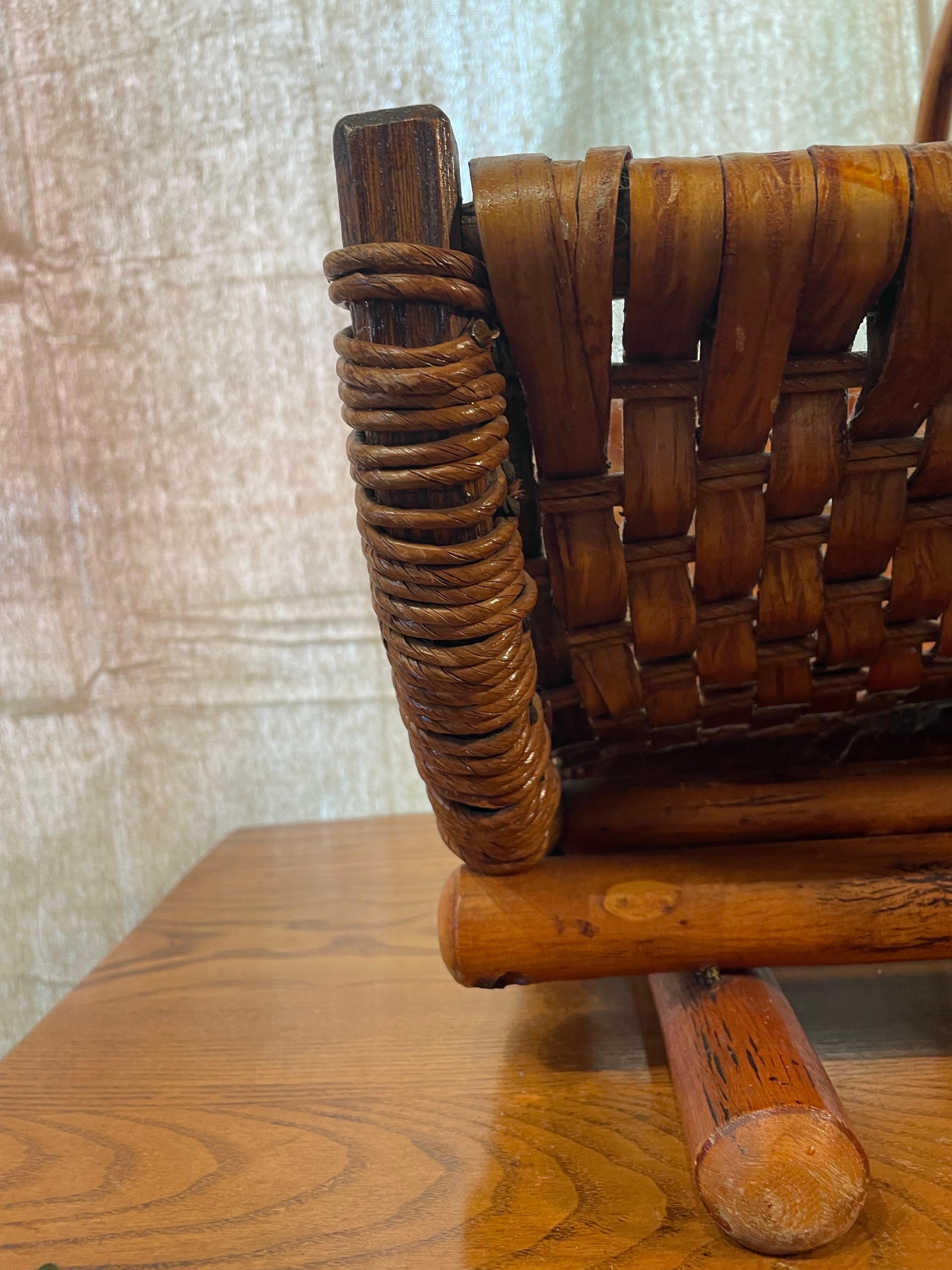 Rope Rustic Woven Old Hickory Basket on Wooden Base For Sale