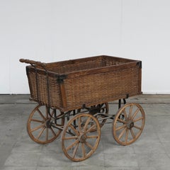 Rustic Woven Wicker and Wood Carriage on Iron Frame, Early 20th Century