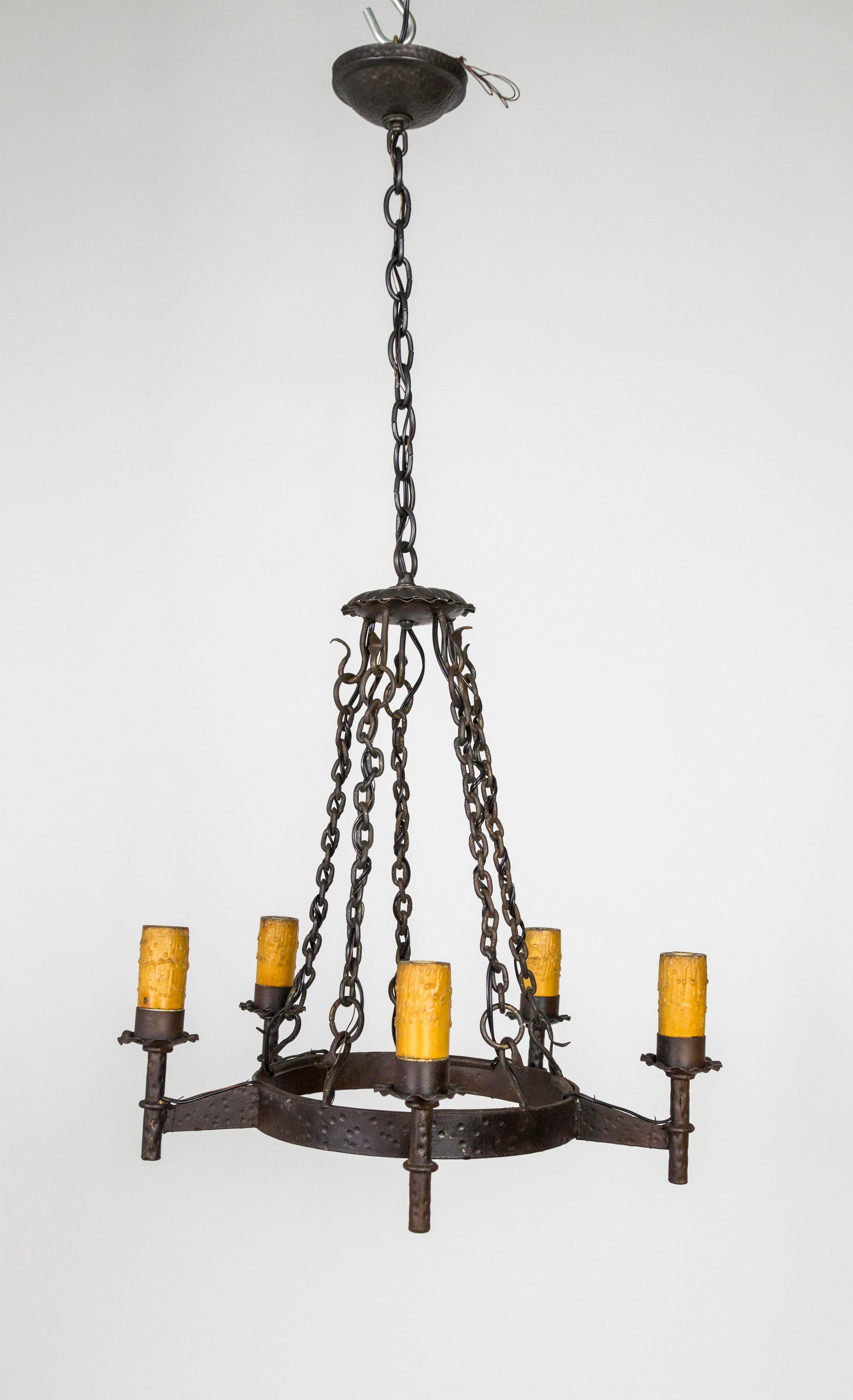 Rustic Wrought Iron Medieval Revival 5-Light Chandelier In Good Condition In San Francisco, CA