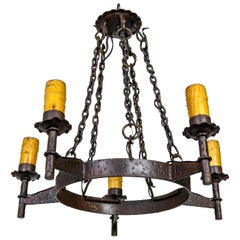 Rustic Wrought Iron Medieval Revival 5-Light Chandelier