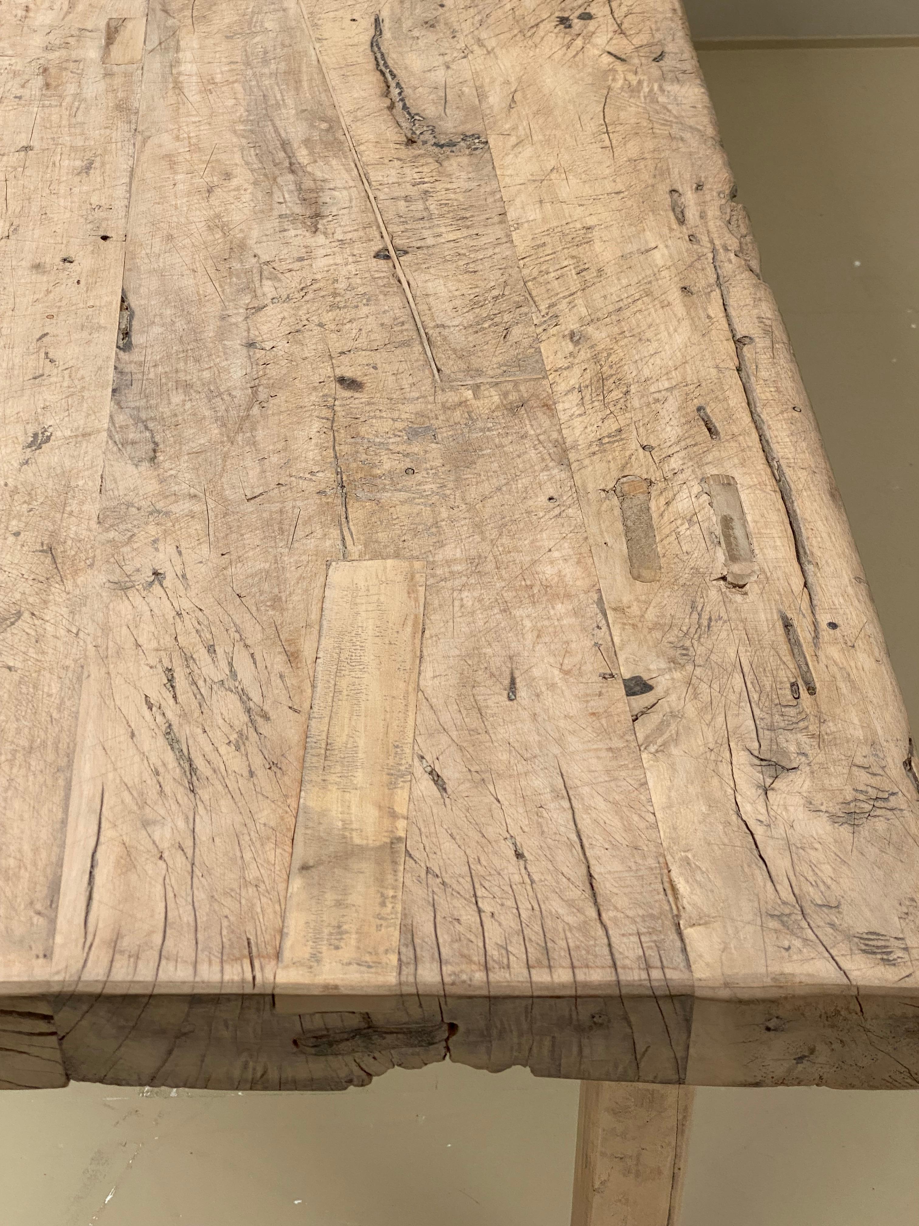 Bleached Rustic, Brutalist French Farming, Kitchen Table in Antique Elm Wood timber.