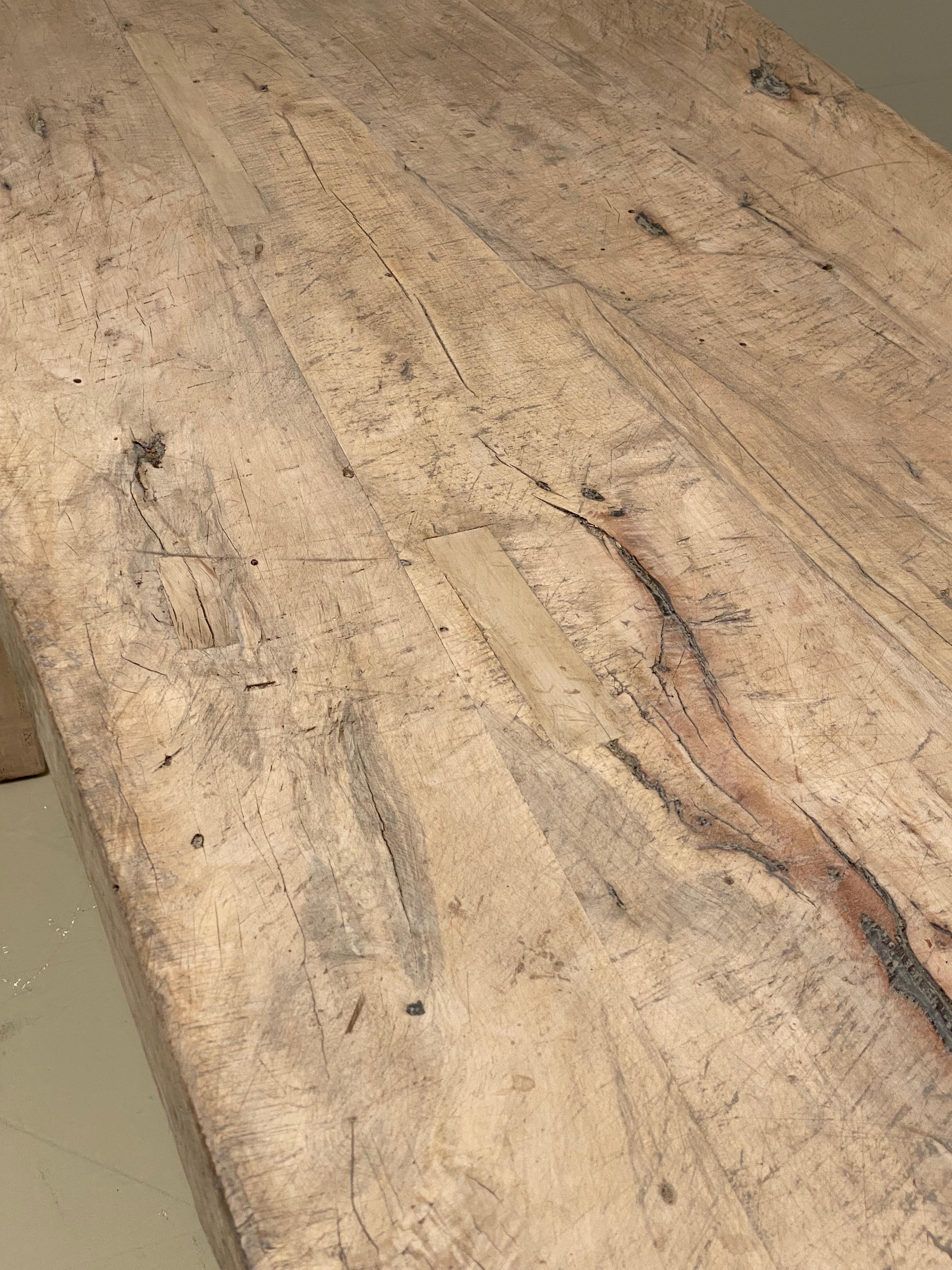 Mid-20th Century Rustic, Brutalist French Farming, Kitchen Table in Antique Elm Wood timber.