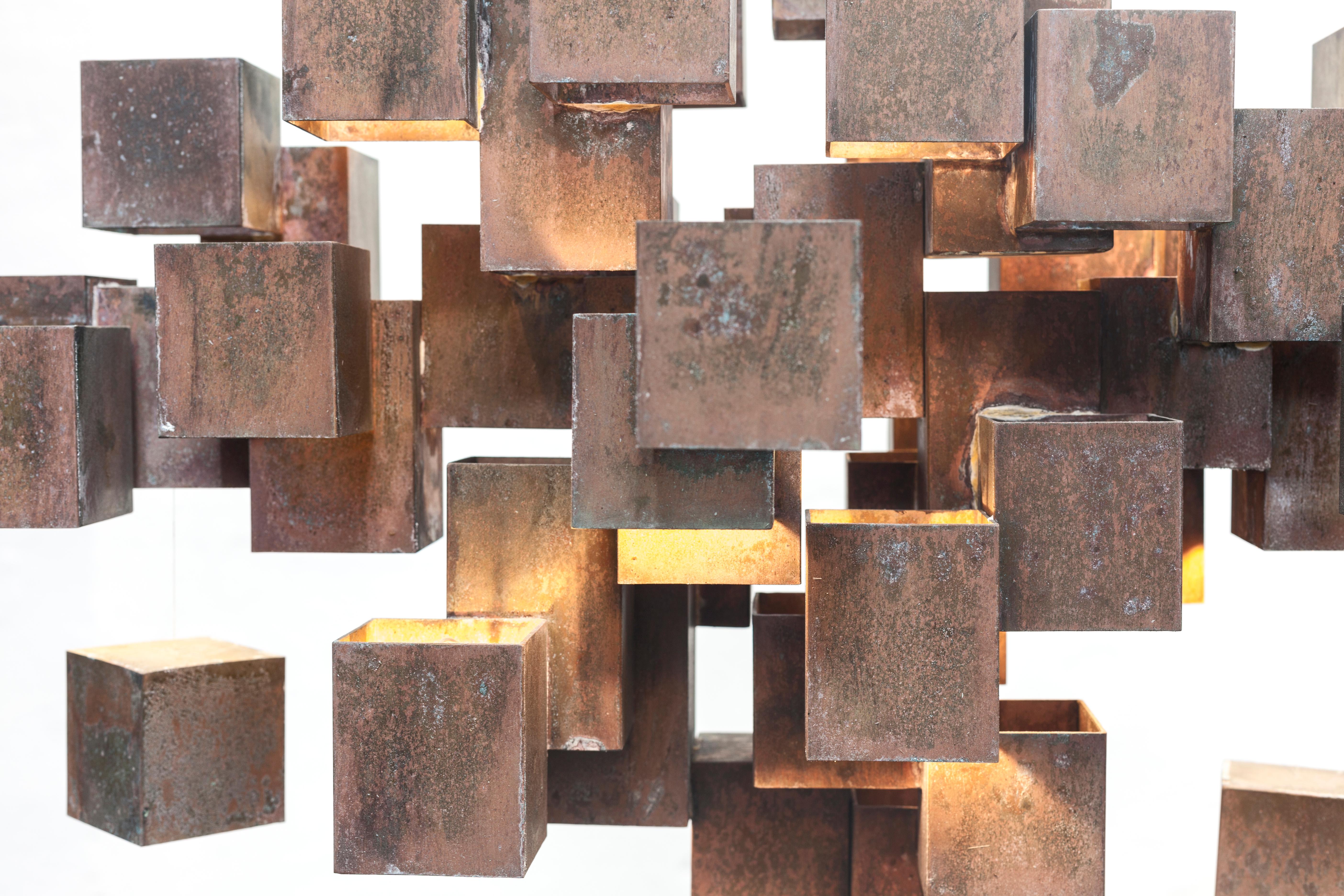 Autre Lustre contemporain cubique en laiton rouille de HP Sommer pour Morghen Studio en vente