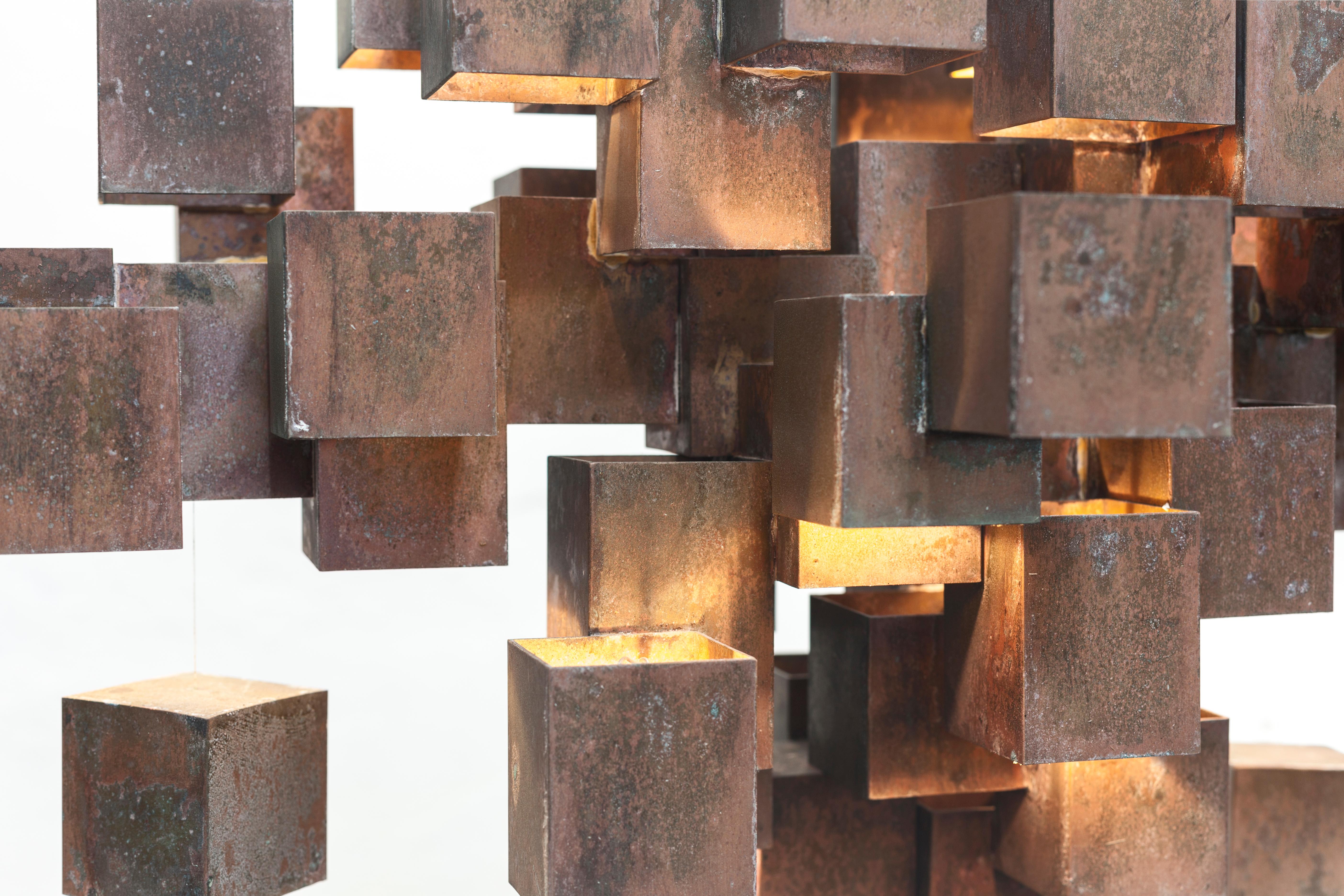 Italian Rusty Brass Cube Contemporary Chandelier by HP Sommer for Morghen Studio For Sale