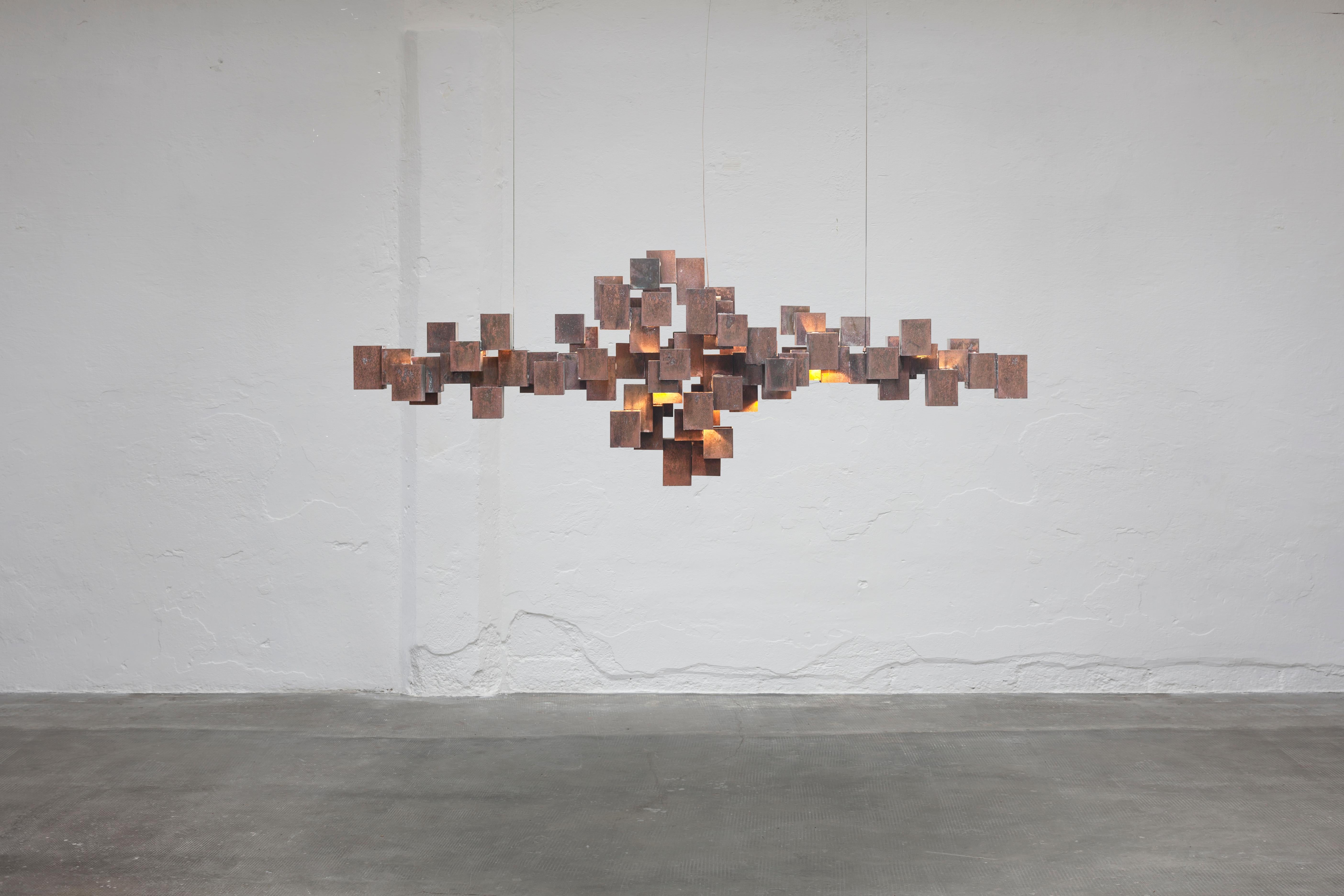 Geometric Rust-Patinated Brass Cube Chandelier by Morghen Studio In New Condition For Sale In Milan, IT