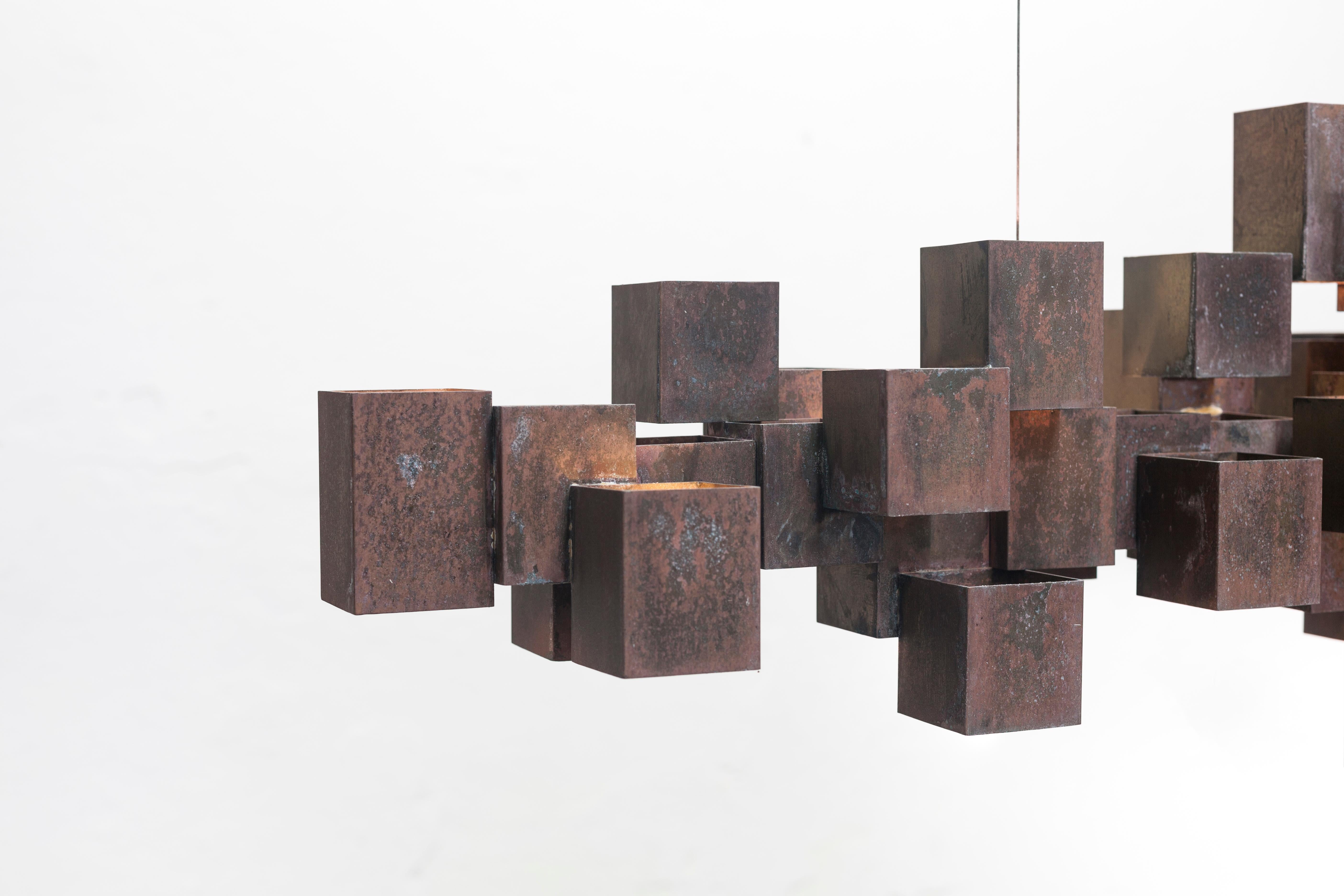 Metal Rusty Brass Cube Contemporary Chandelier by HP Sommer for Morghen Studio For Sale