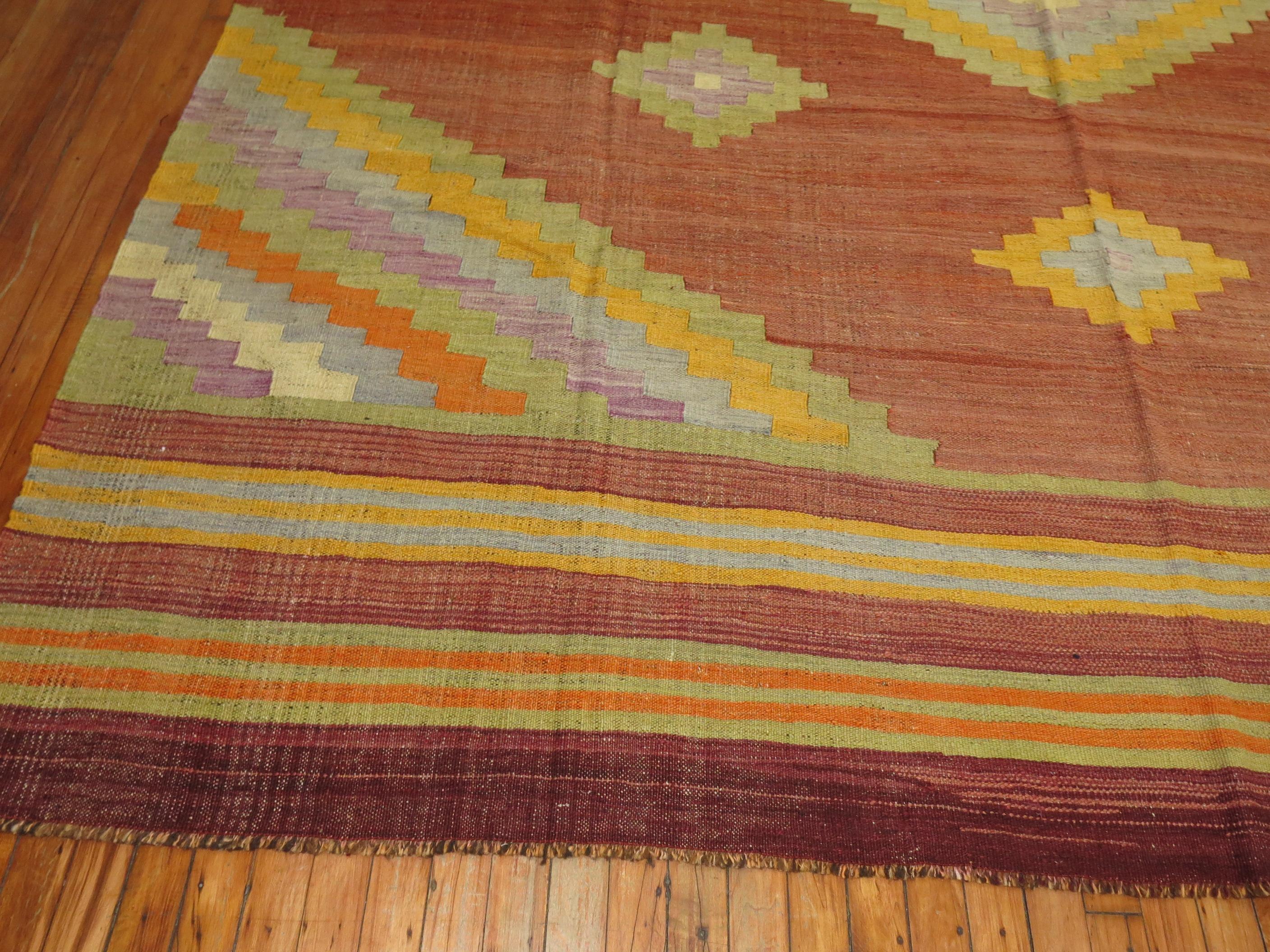 Hand-Woven Rusty Brown Yellow Lavender Green Turkish Kilim Room Size Rug For Sale