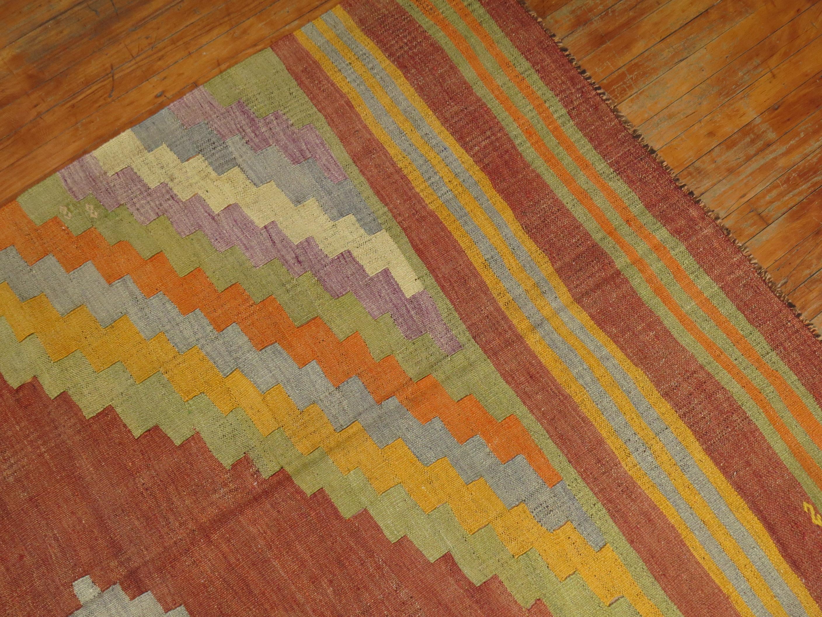 Rusty Brown Yellow Lavender Green Turkish Kilim Room Size Rug In Good Condition For Sale In New York, NY